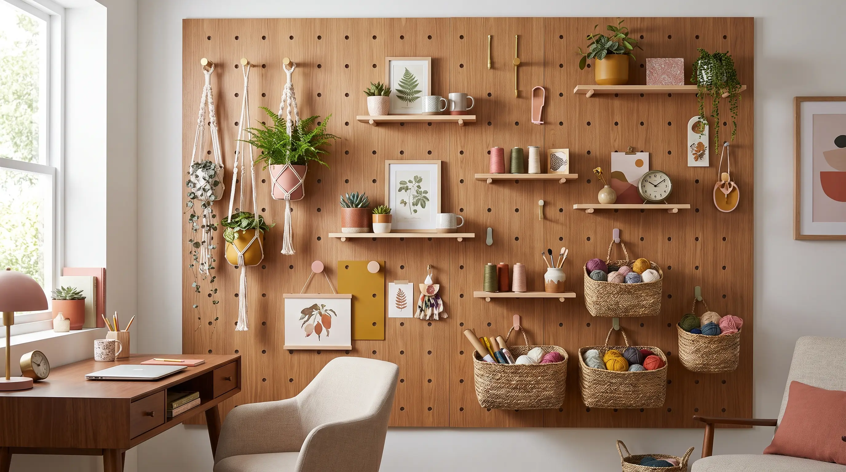 a wood pegboard panel fitted with hooks and shelves to store items and display them neatly