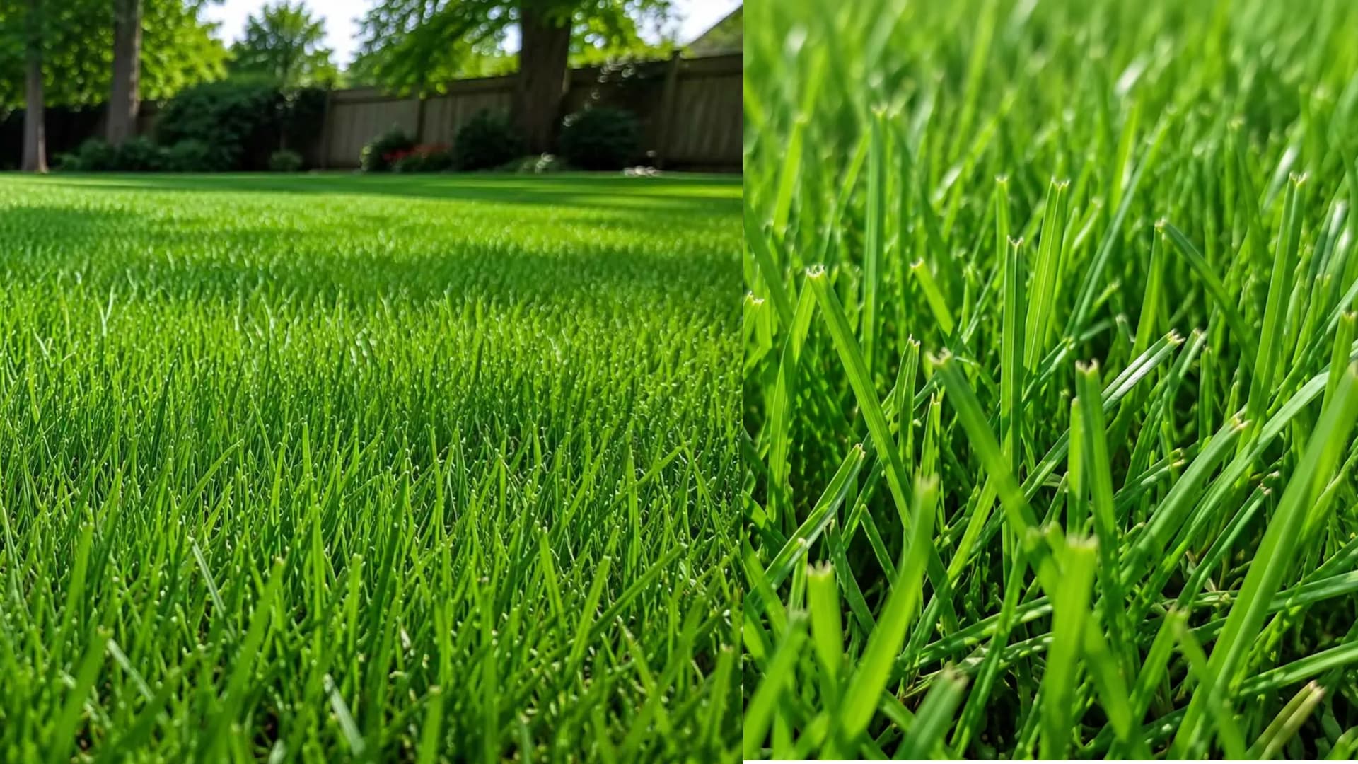 side by side views of a perennial ryegrass lawn and close up showing narrow green blades and fine texture