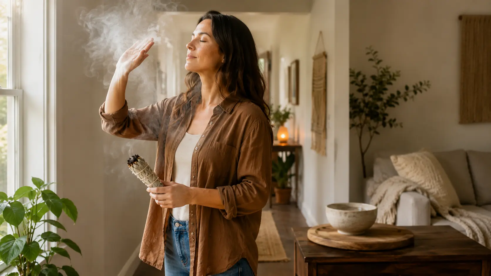person moving sage smoke around themselves while holding a bundle inside a peaceful home setting