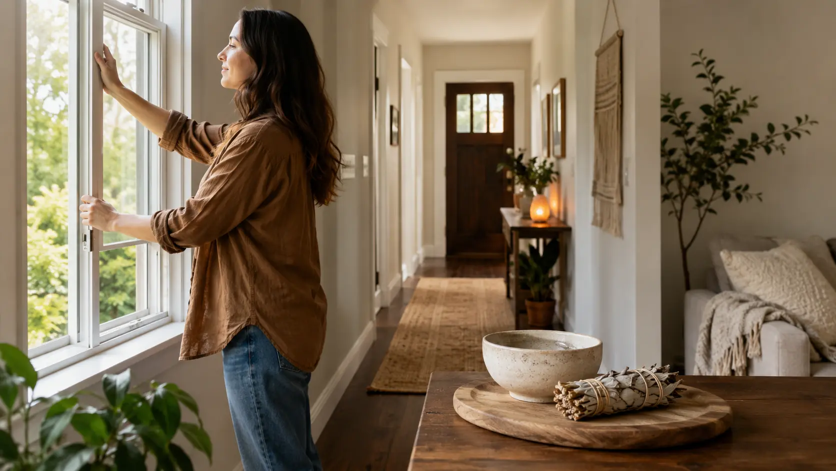 person opening a window and preparing sage bundle with a fire safe bowl for home cleansing ritual