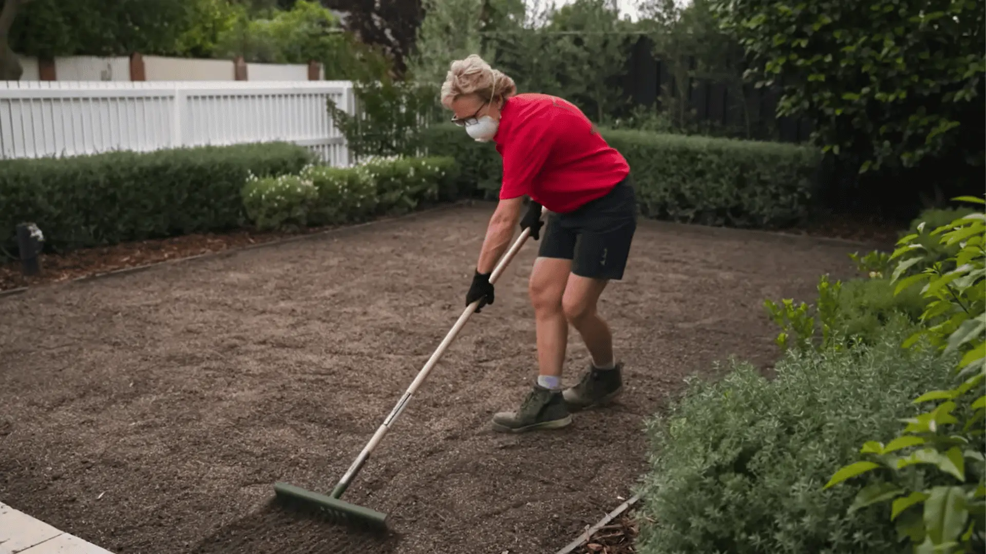 person raking loose soil across a prepared lawn area before planting grass seed in a garden