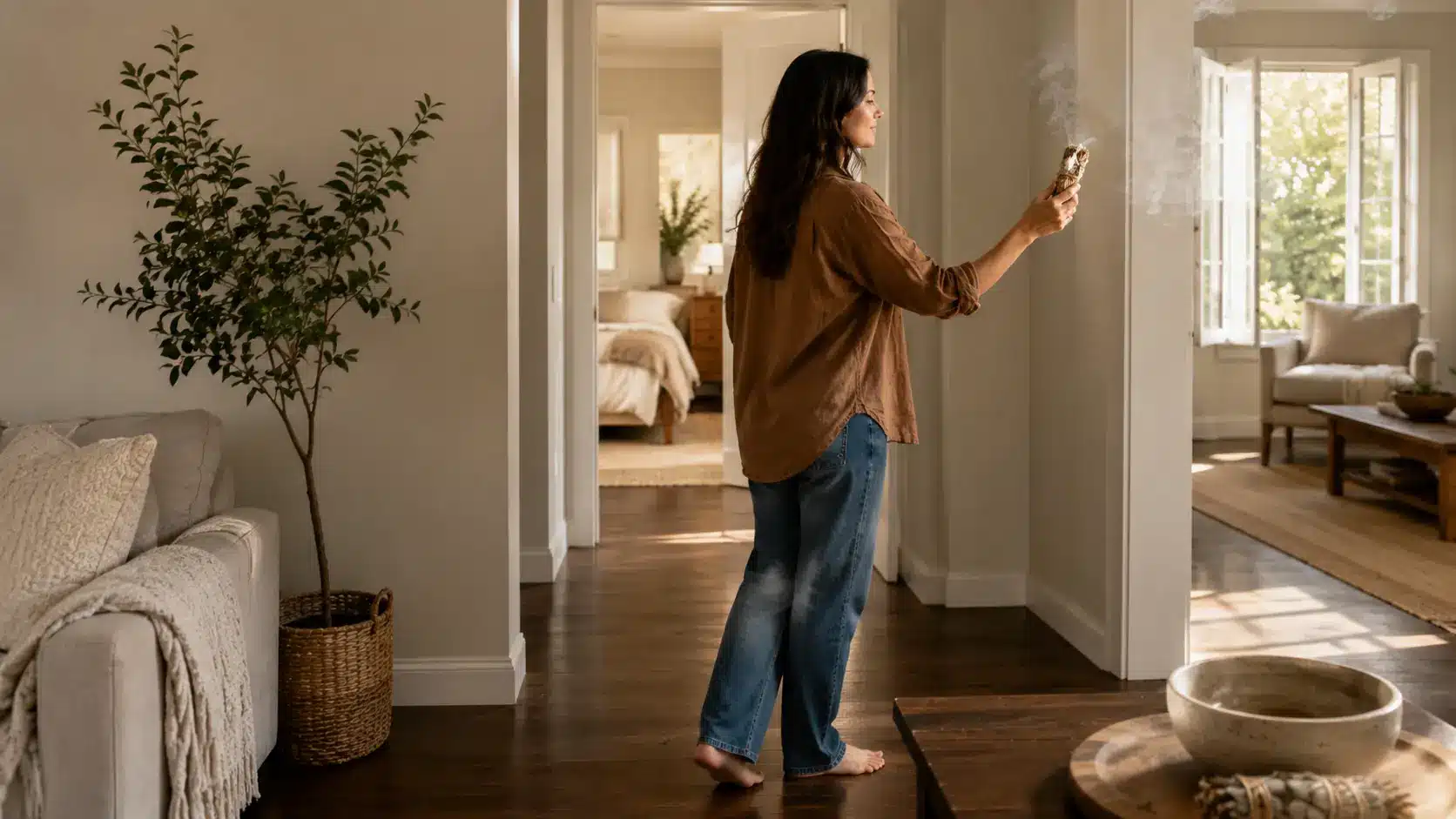 person walking through rooms with smoking sage bundle near windows and doorways during home cleansing