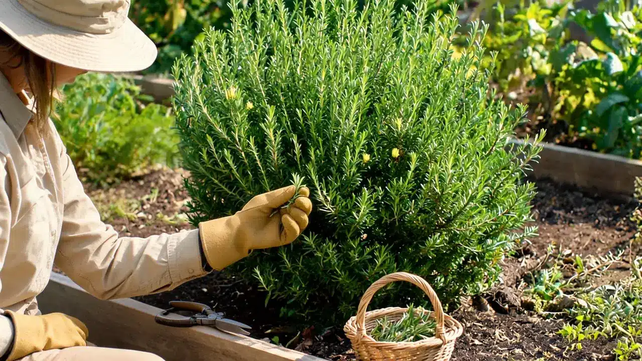 person wearing gloves pruning a rosemary bush beside a basket of cut sprigs in a raised garden bed