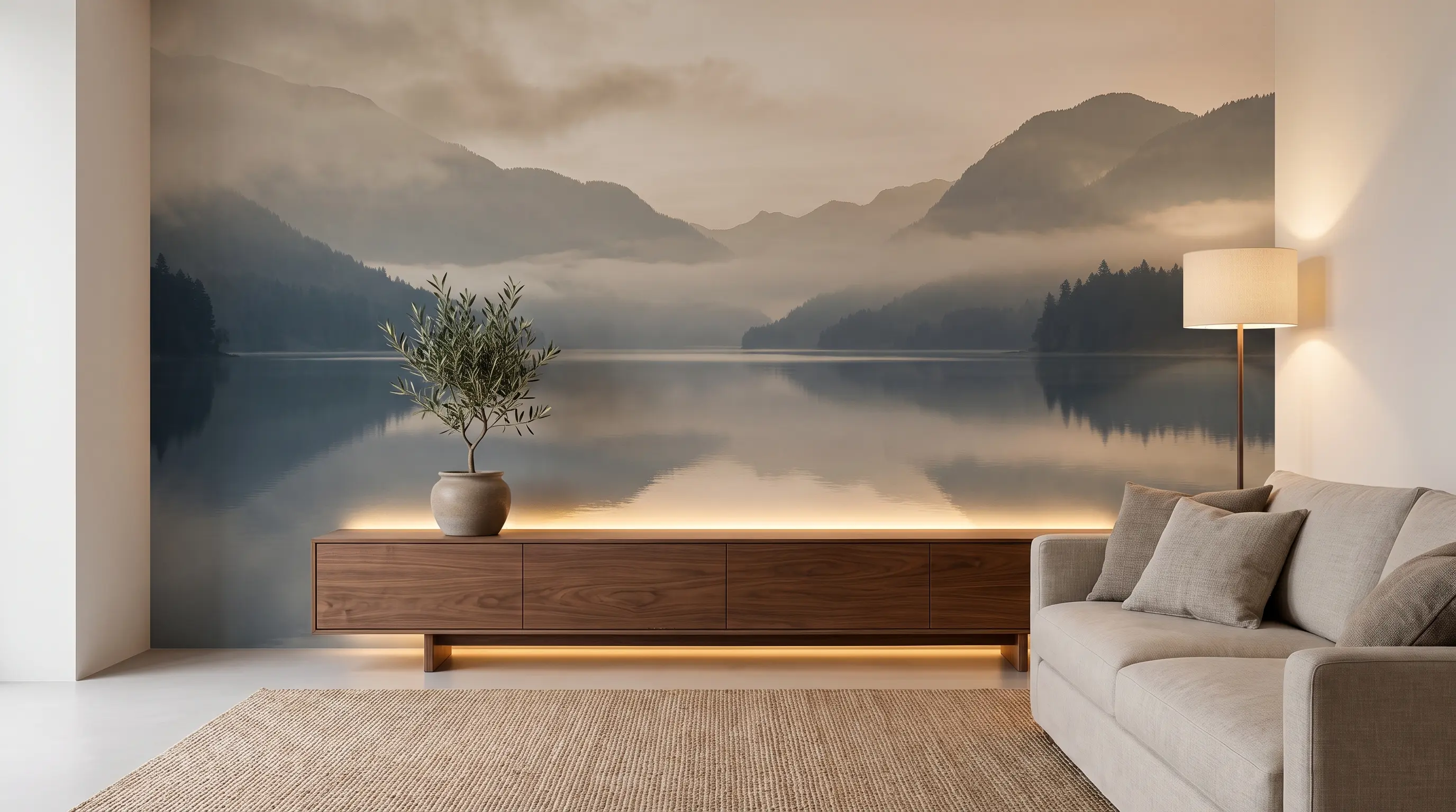 a large printed photo mural covering a blank wall like a temporary removable wallpaper piece