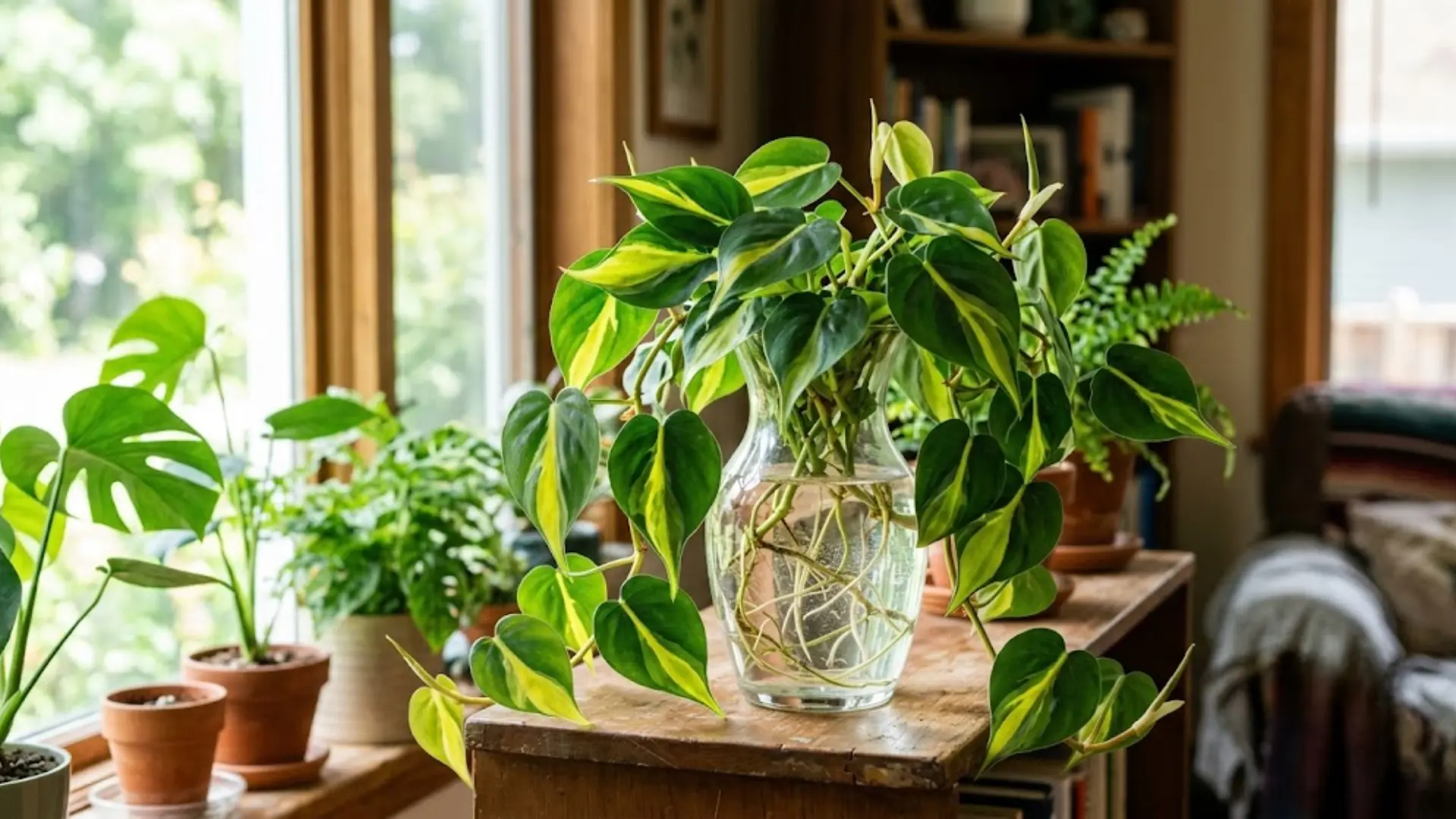 philodendron brasil with yellow-striped leaves and tangled roots growing in a glass water jar