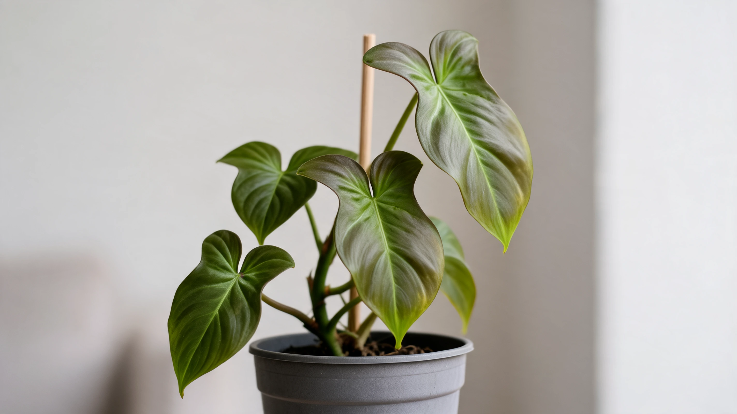 philodendron camposportoanum with broad green leaves and rounded upper lobes growing in a gray pot
