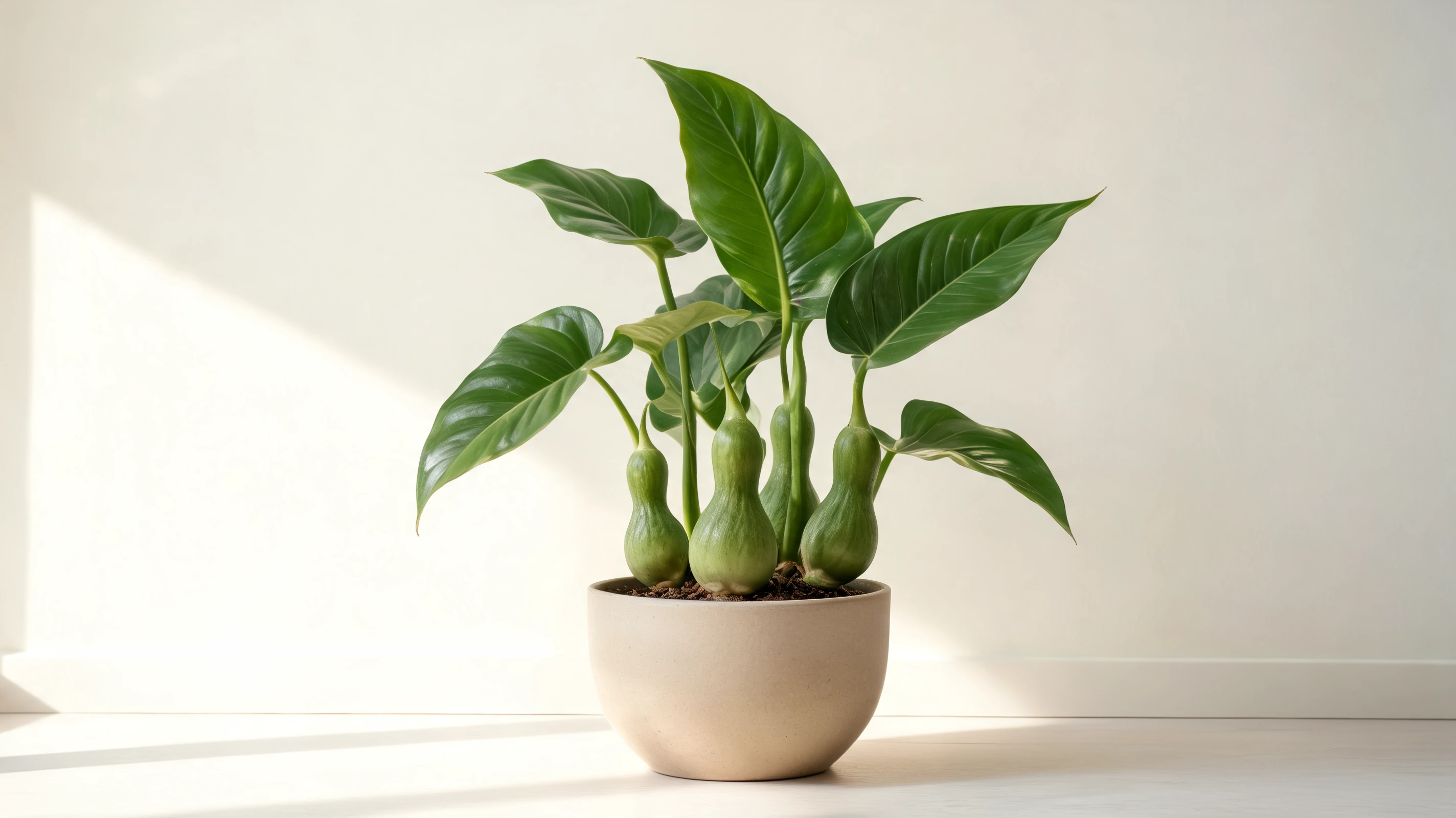 philodendron martianum with broad glossy leaves on thick swollen flask shaped green stalks