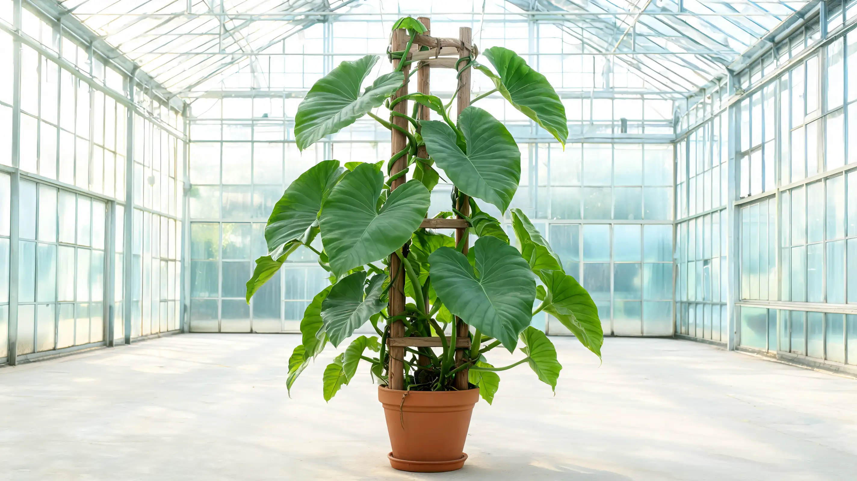 philodendron maximum with enormous broad heart shaped green leaves climbing a sturdy trellis