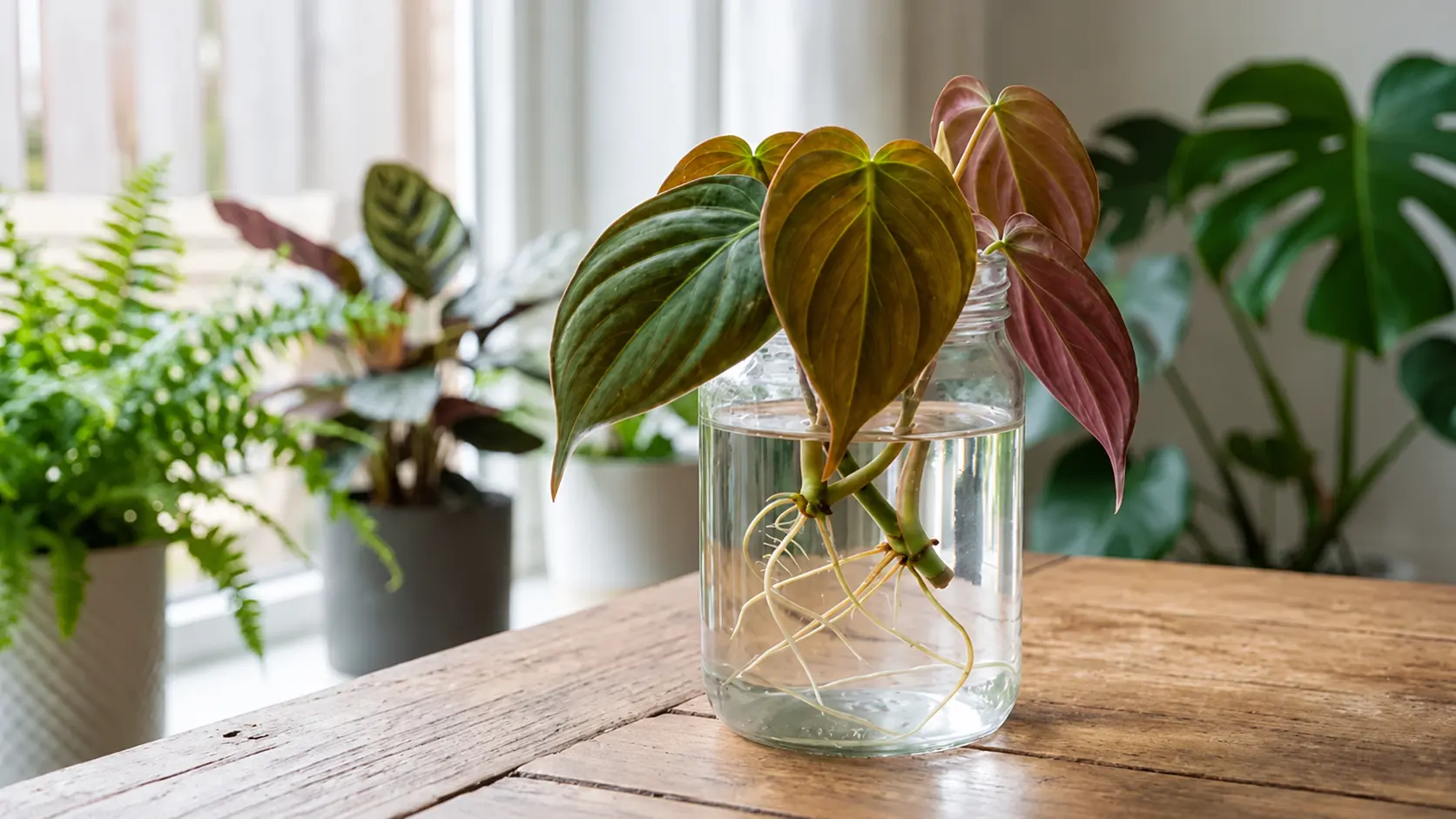 philodendron micans cuttings with velvety bronze-green leaves rooted in a clear water jar