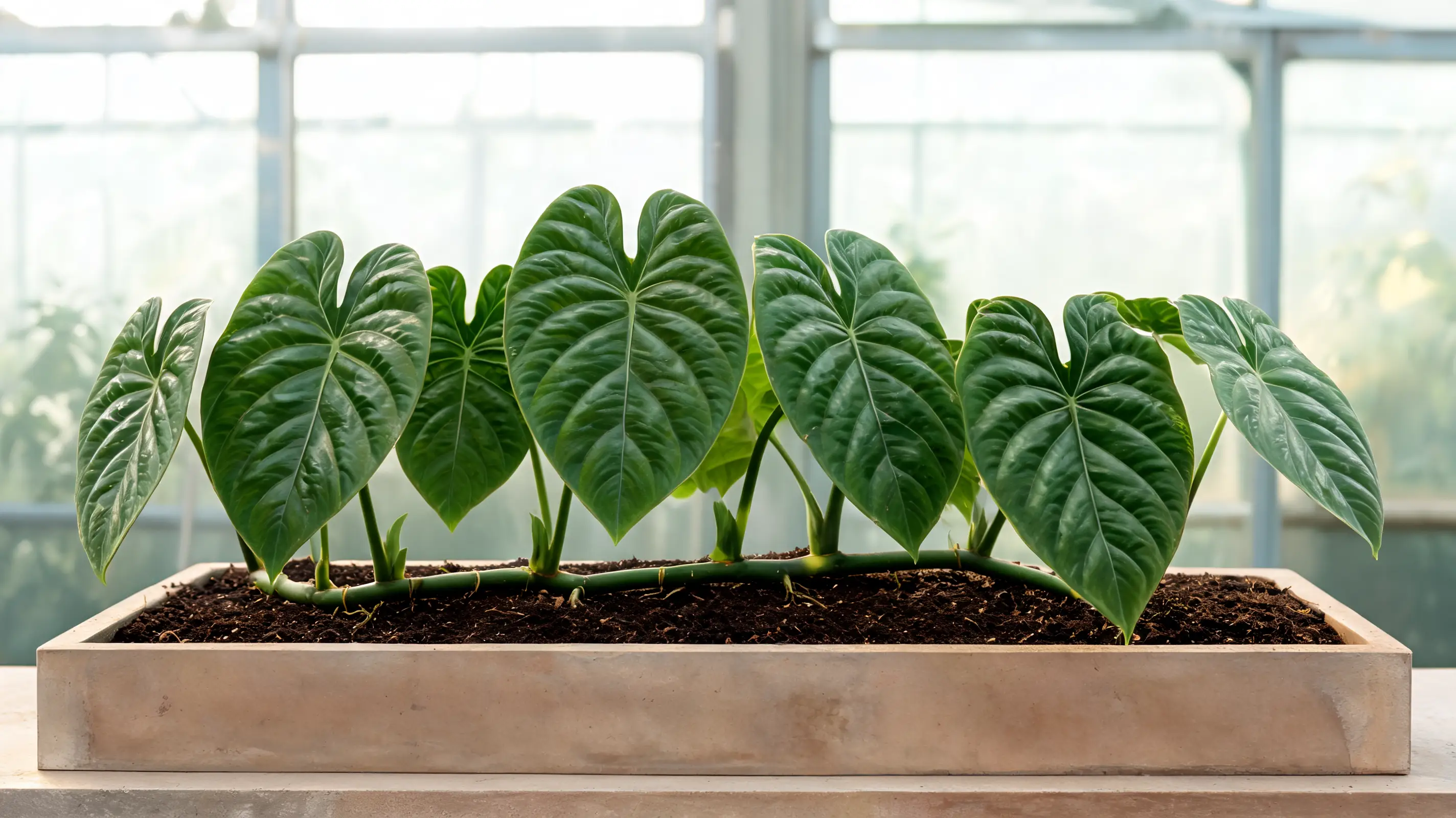 philodendron pastazanum with broad emerald heart shaped leaves and sunken veins in a low planter