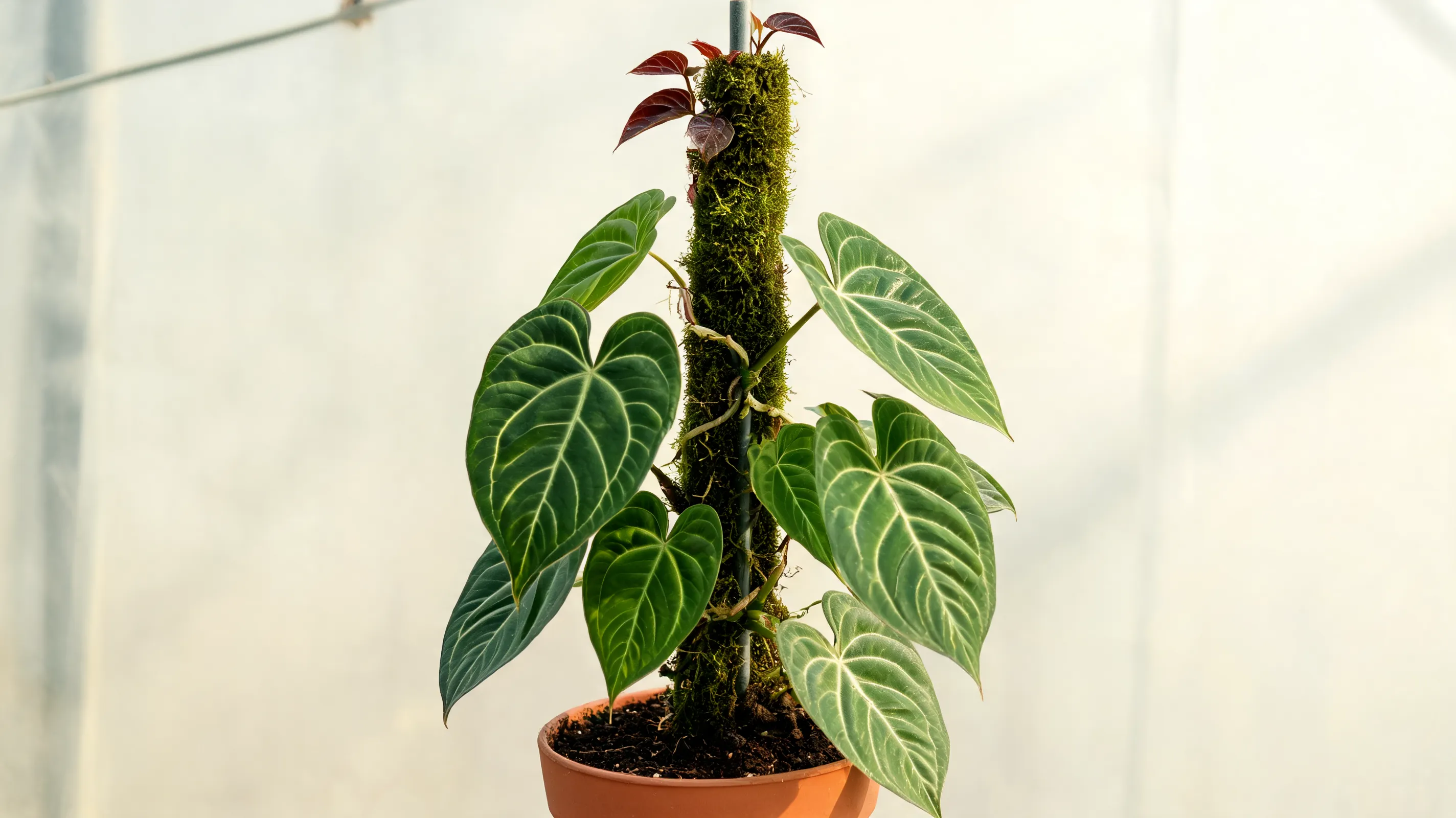 philodendron splendid with huge velvety green leaves pale veins and burgundy new growth indoors