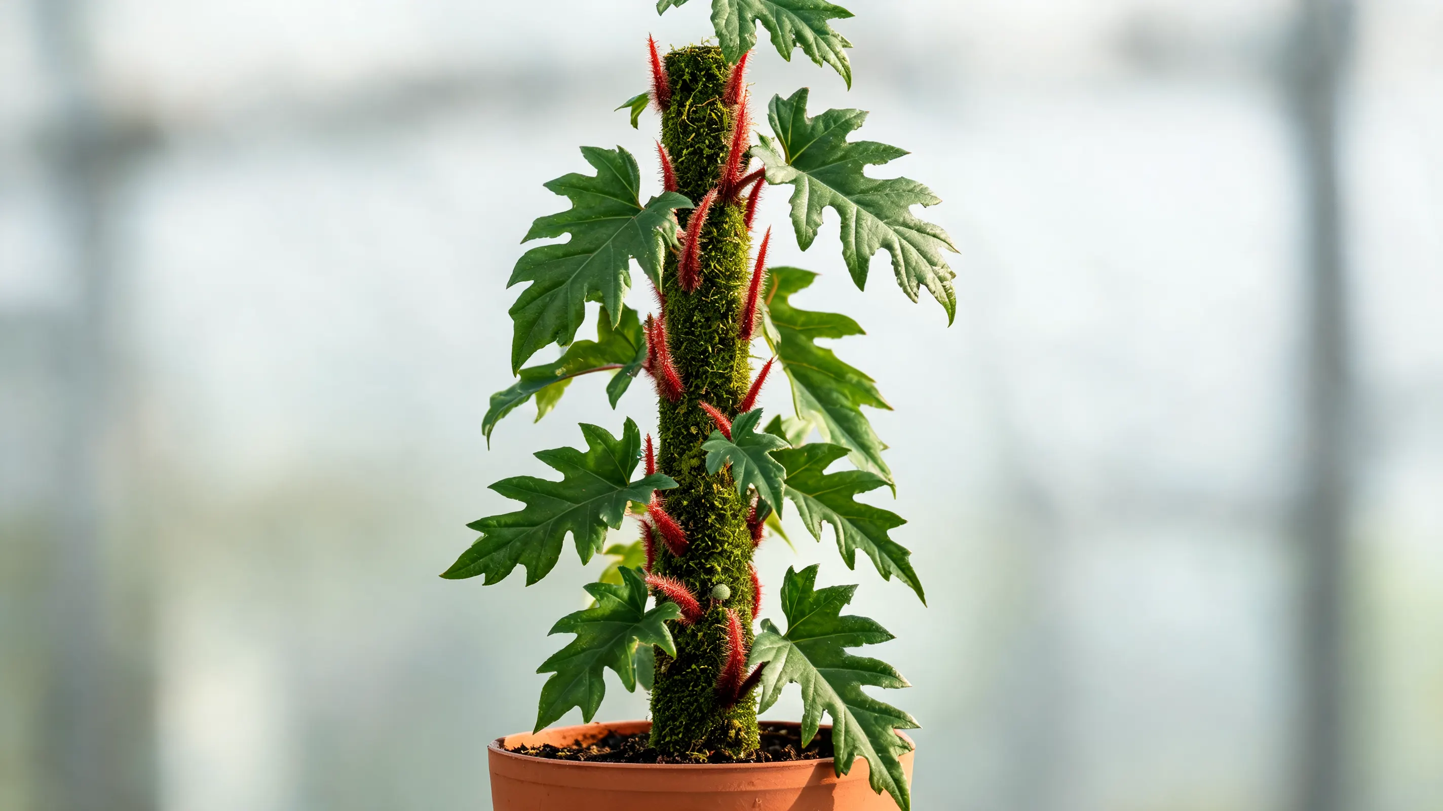 philodendron squamiferum with deeply lobed green leaves and fuzzy red stems climbing a support