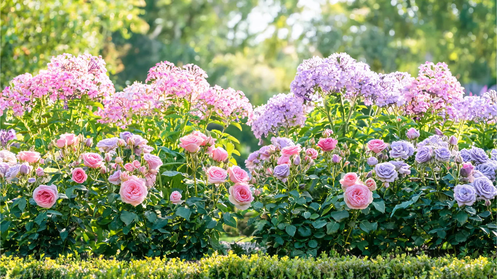 phlox growing behind roses in a mixed flower border