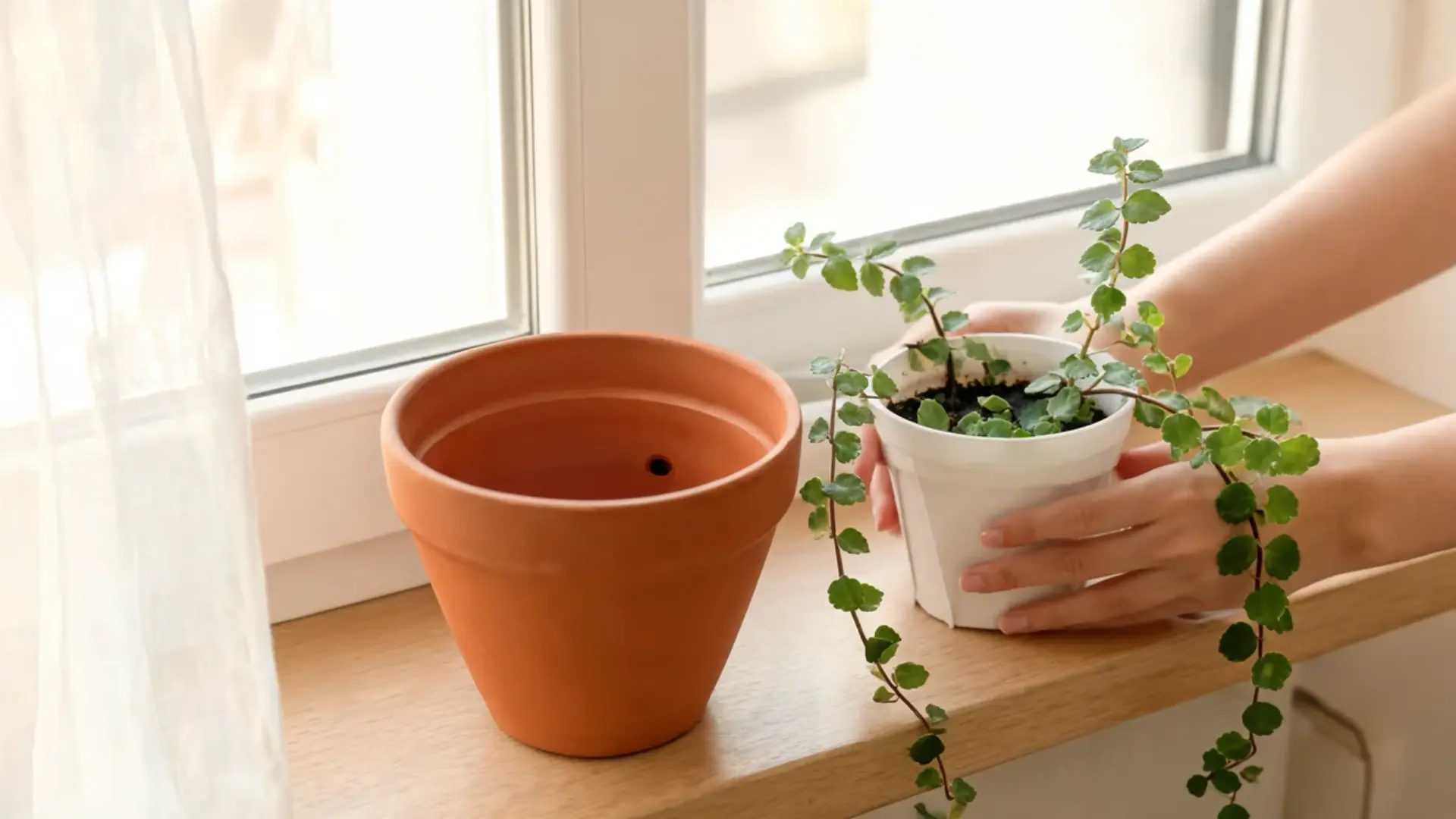 empty terracotta pot with drainage holes sitting on a table ready for planting a swedish ivy cutting