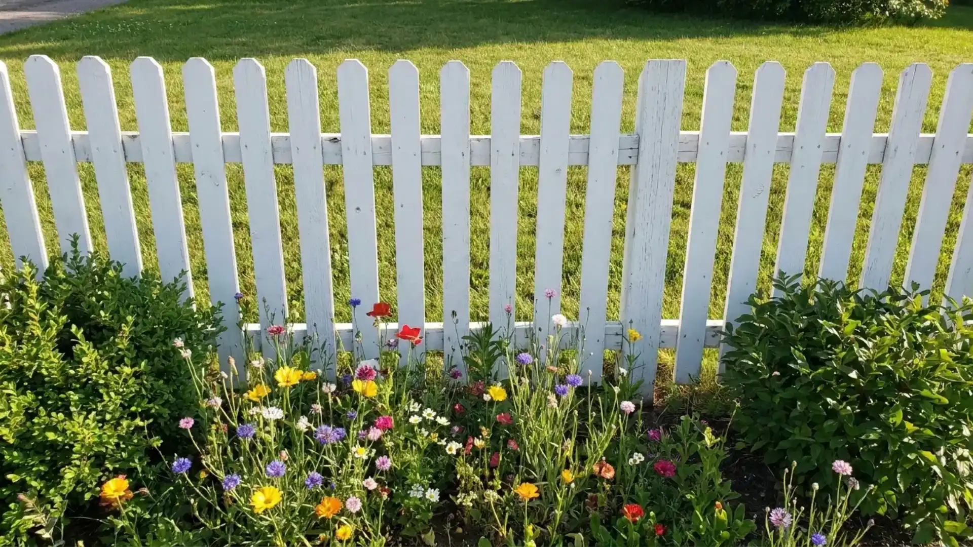 white painted picket fence bordering a flower bed with colorful wildflowers