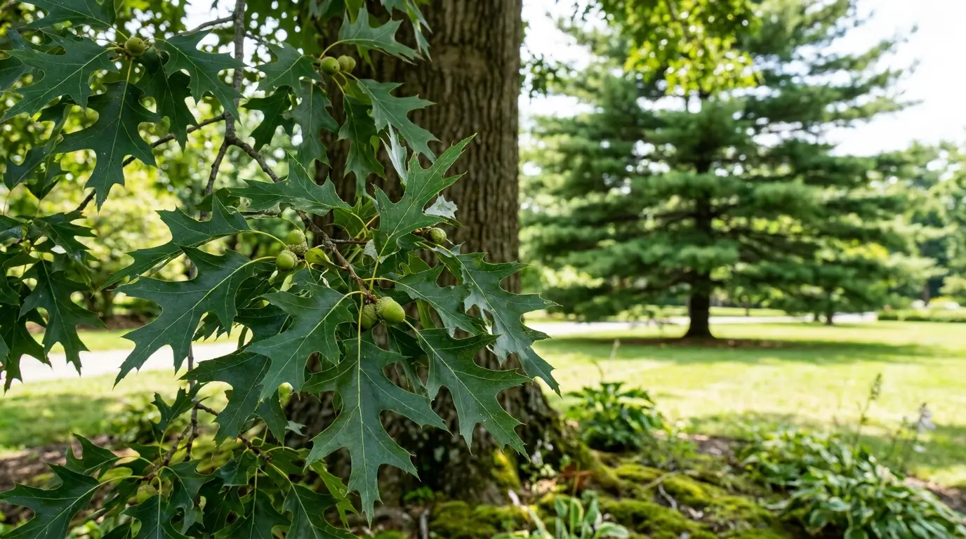pin oak tree with deep pointed leaves and small acorns