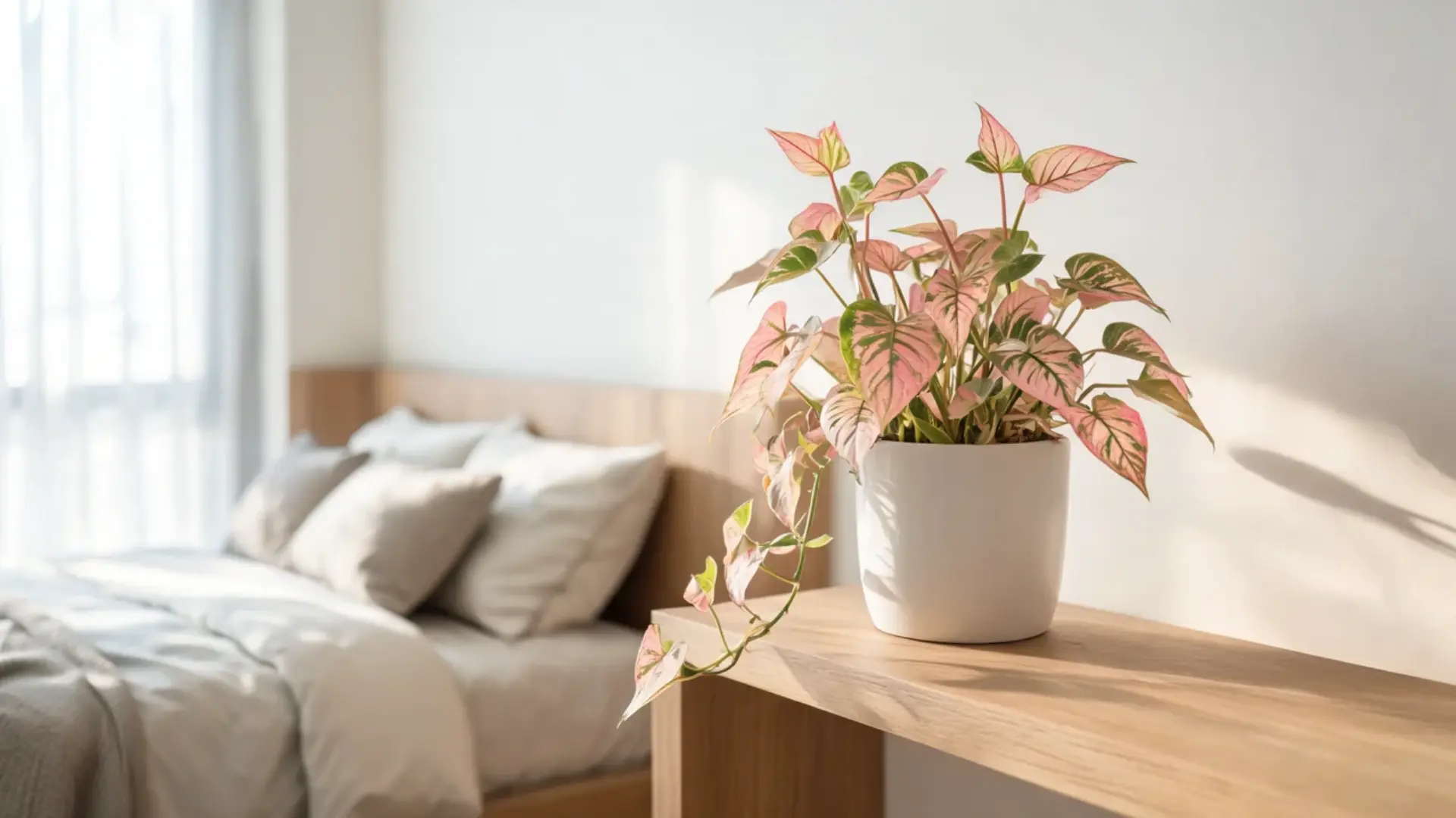 pink arrowhead plant in a white pot on a wooden shelf beside a softly lit bright neutral bedroom