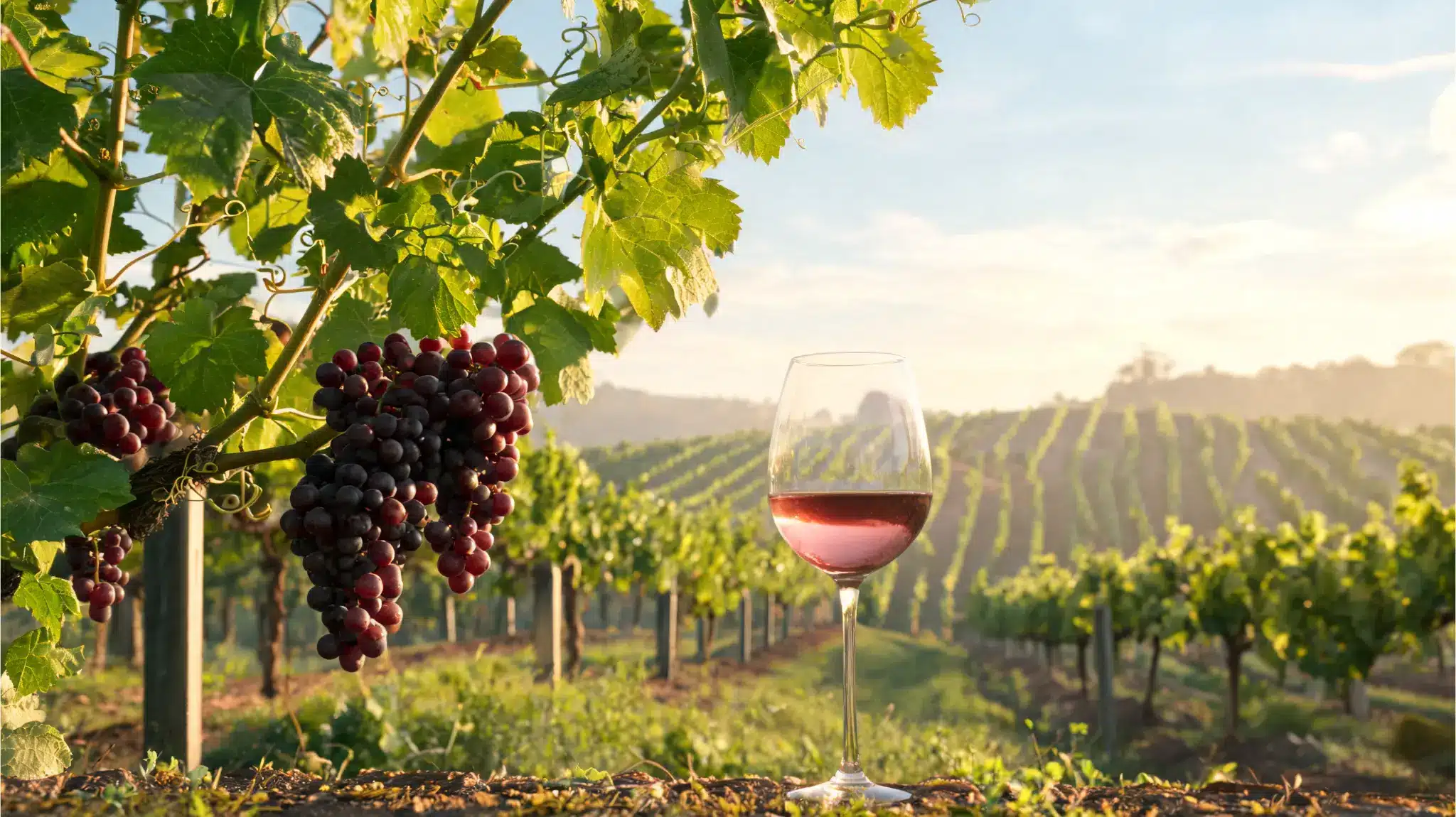 pinot noir grapes on the vine with a glass of light red wine