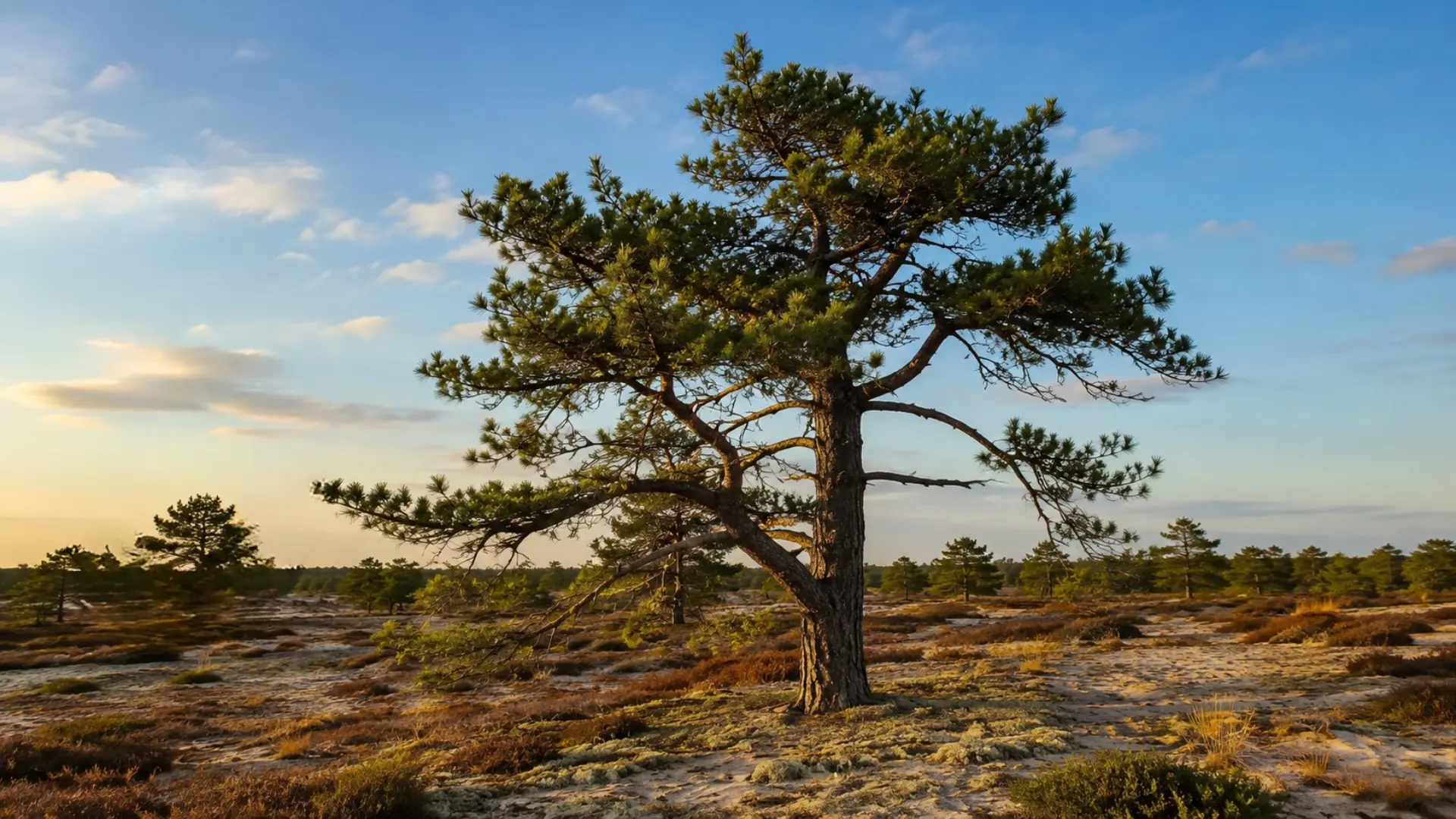 pitch pine with rugged dark bark stiff needles and an open irregular crown suited to sandy coastal soils