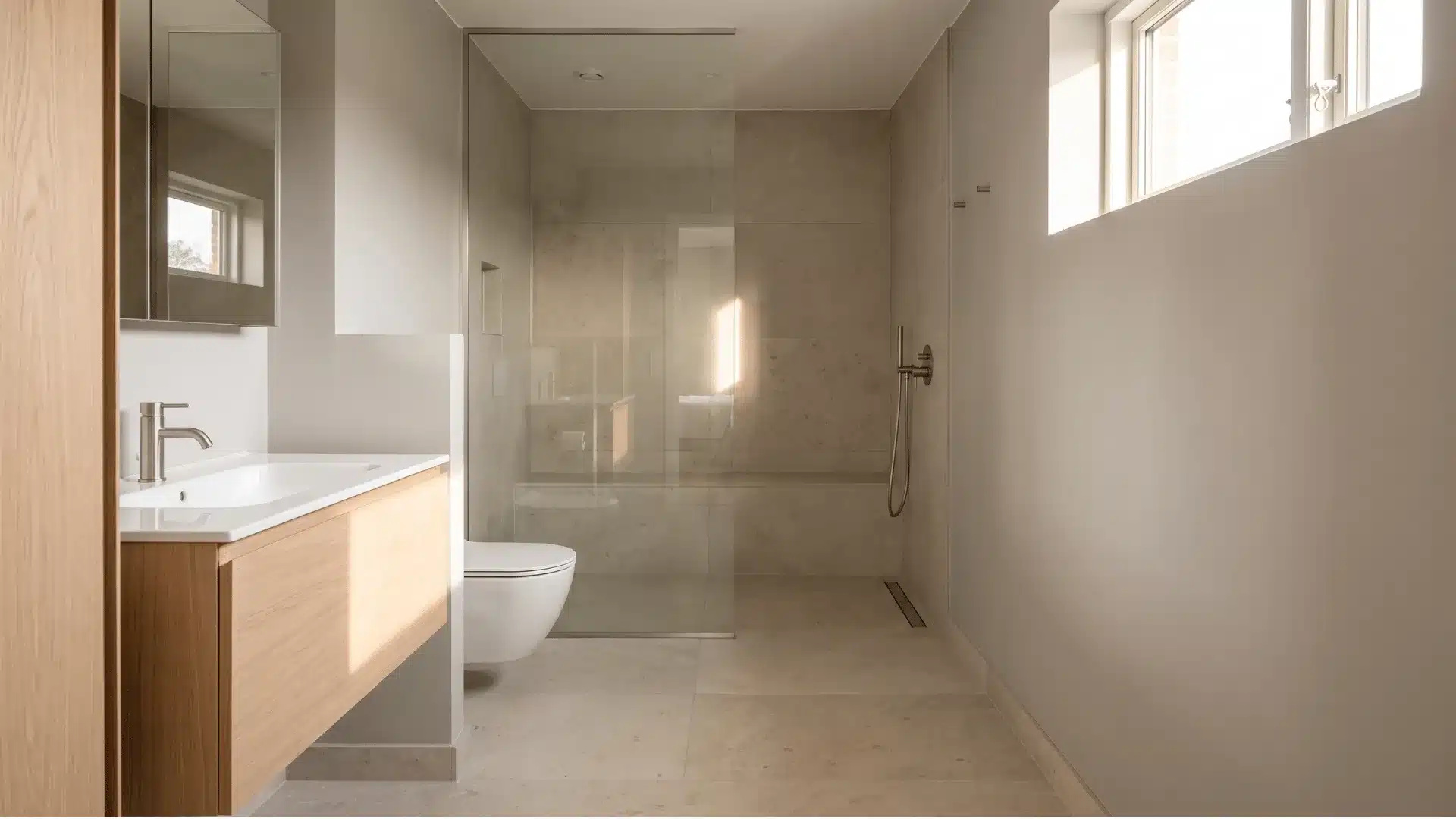 far-wall doorless shower with glass panel, toilet, and floating oak vanity
