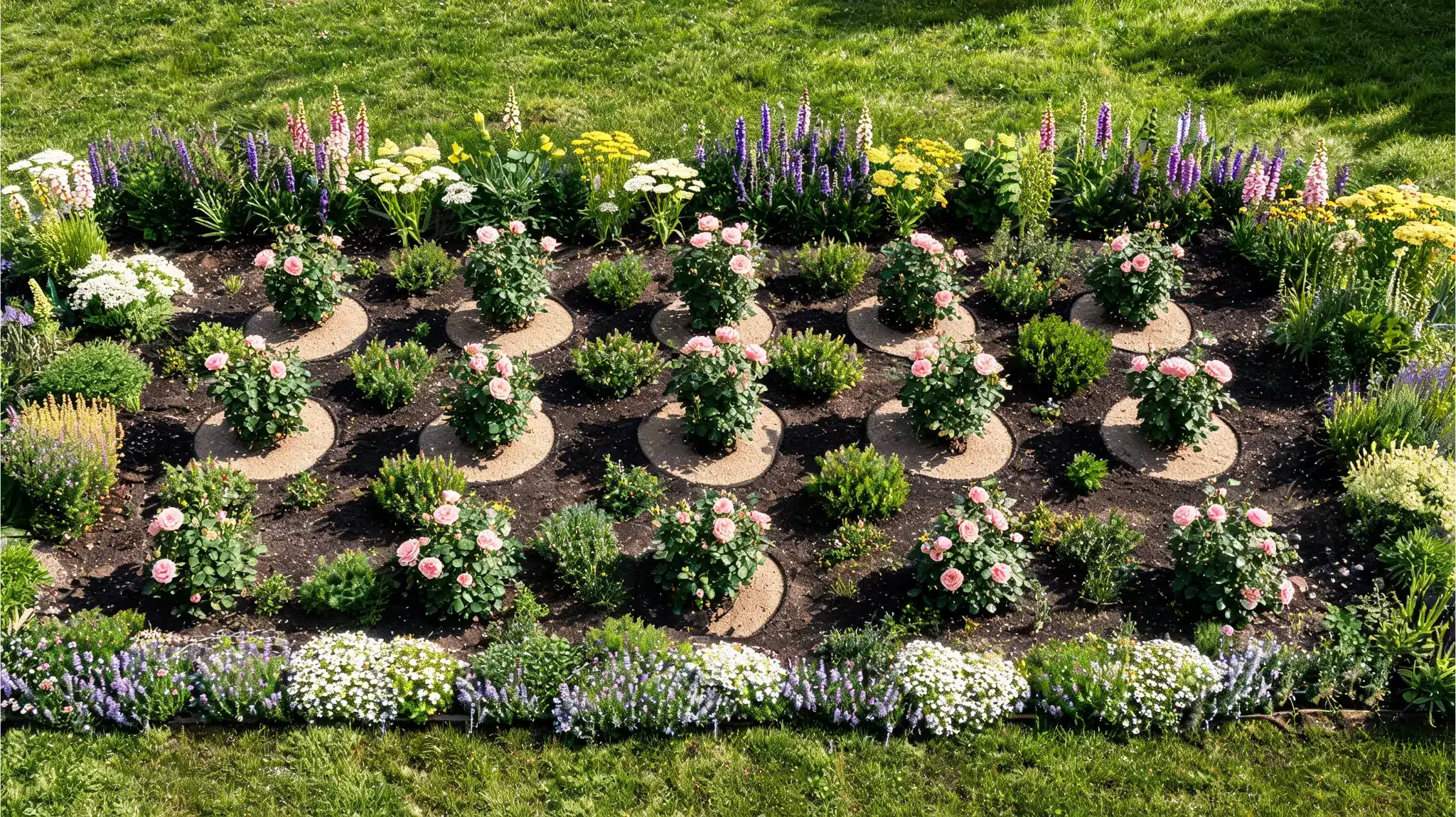planned layout for rose companion plants in a garden bed