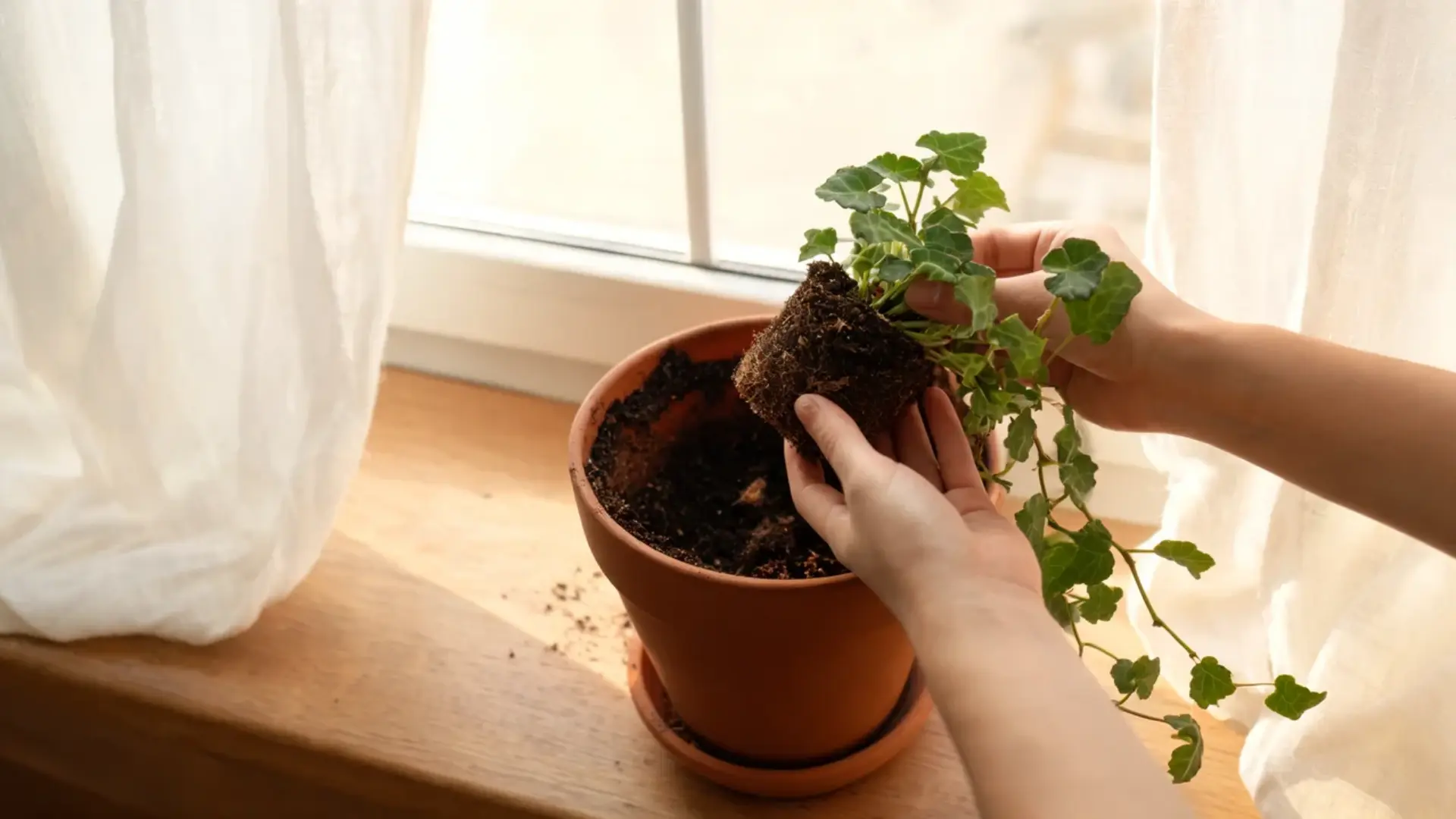 hands gently pressing a swedish ivy root ball into fresh potting soil inside a terracotta pot
