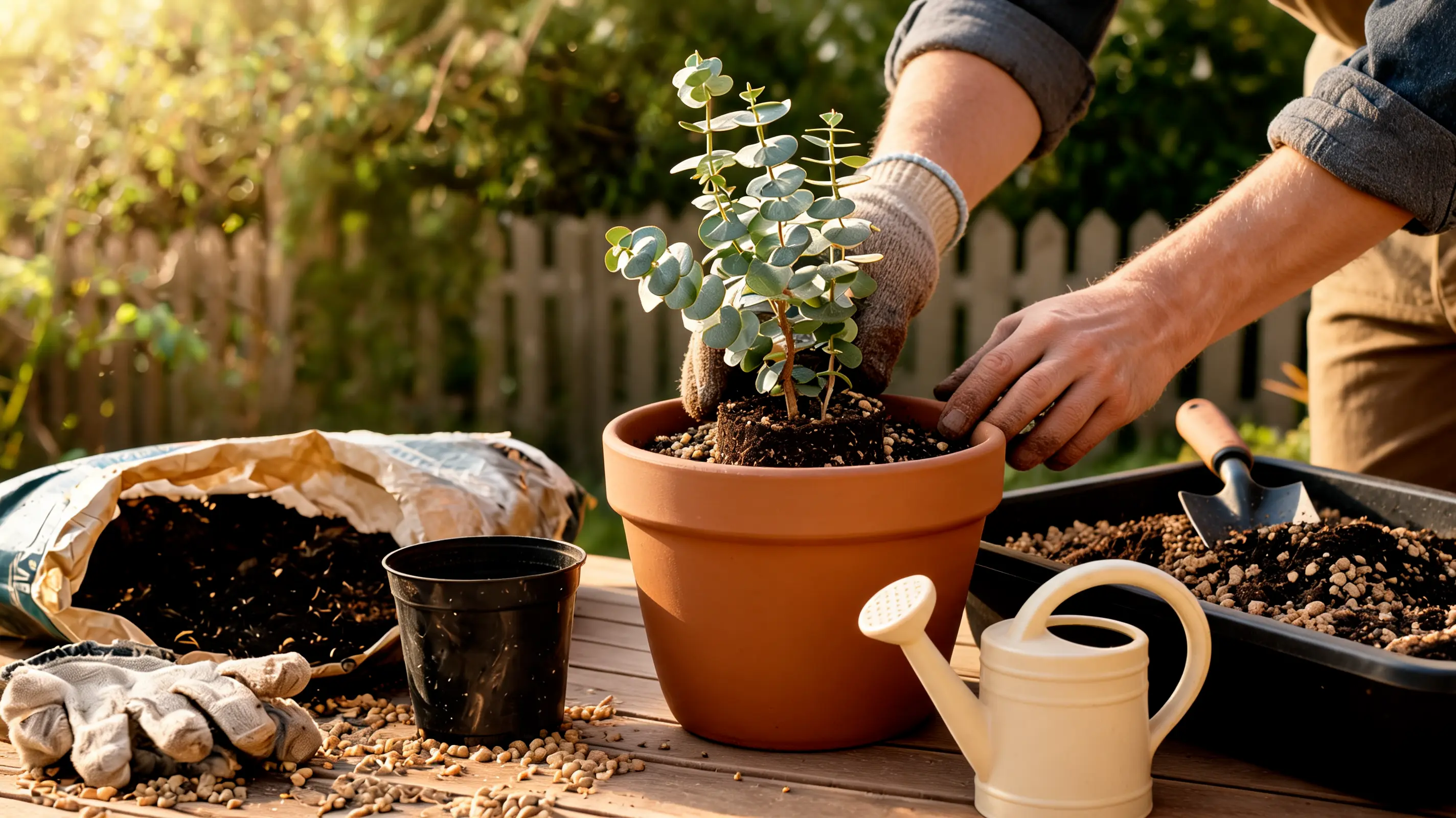 hands carefully planting small eucalyptus tree into fresh soil inside terracotta container