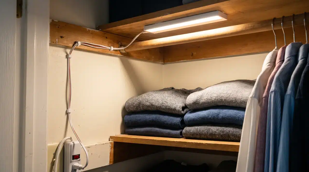 plug in closet light bar with visible cord lighting folded clothes and hanging shirts