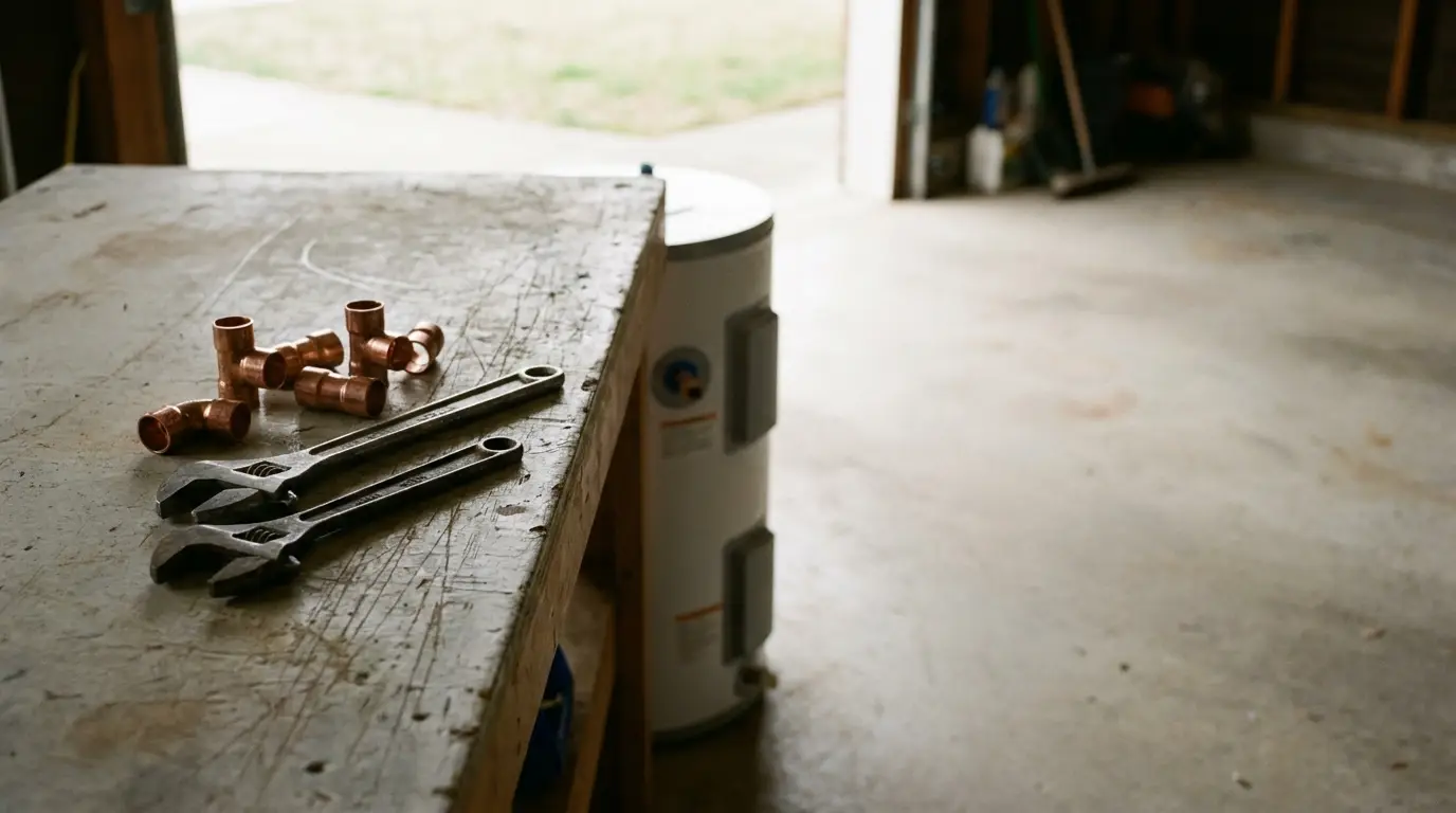 Wrenches and copper fittings on wooden workbench in garage with muted lighting