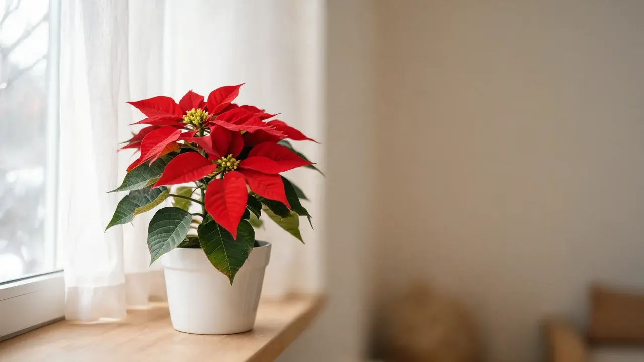 poinsettia with deep red bracts tiny yellow flowers and dark green leaves beside a softly lit home window