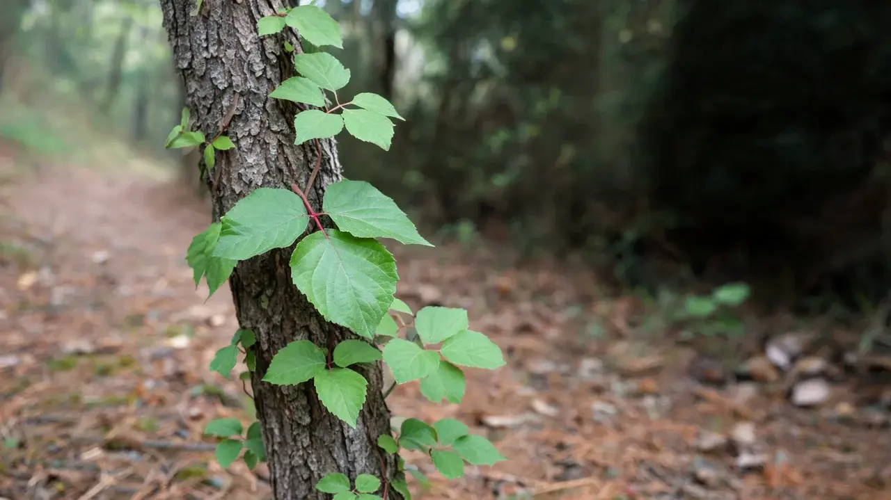 poison ivy with clusters of three green leaflets climbing naturally on a rough tree trunk by a woodland trail