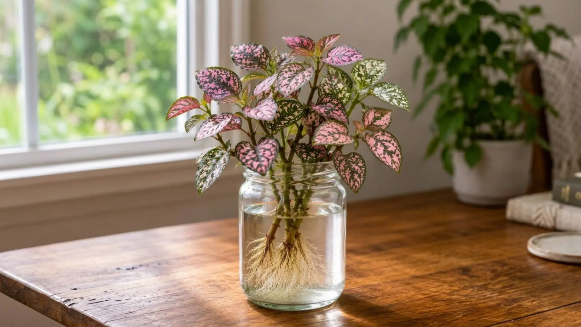 polka dot plant with pink-speckled leaves and fine roots growing in a clear glass jar