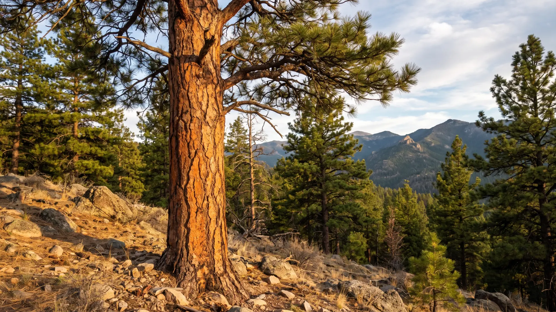 ponderosa pine with long needles in bundles of three thick plated bark and a broad western forest crown