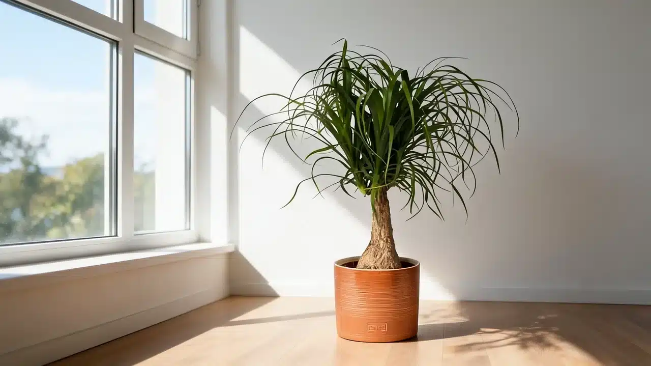 ponytail palm with a swollen trunk base and long curly leaves in a bright terracotta pot by a sunny window