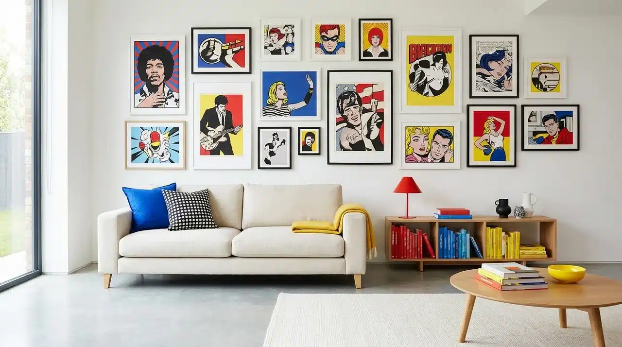 pop culture prints with simple furniture in a bright eclectic living room