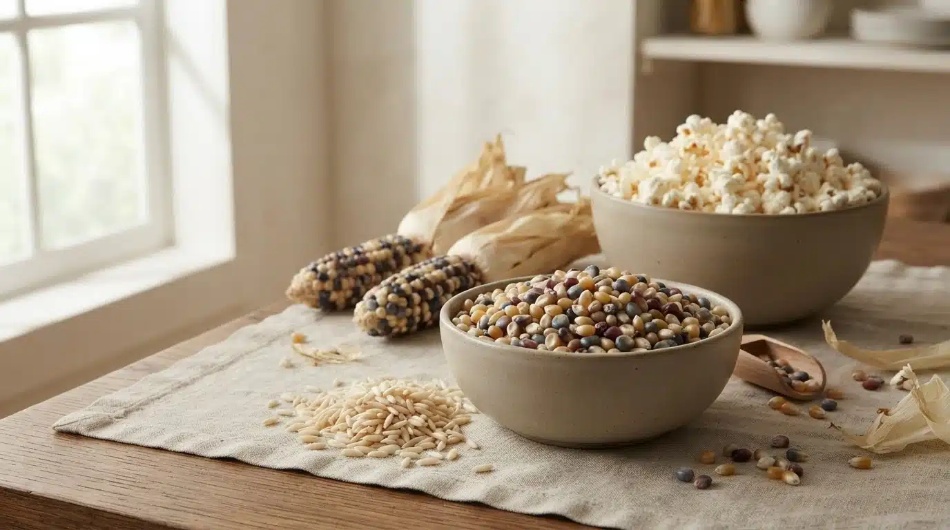 popcorn ears loose kernels and a bowl of white popped corn arranged on a warm wooden kitchen table