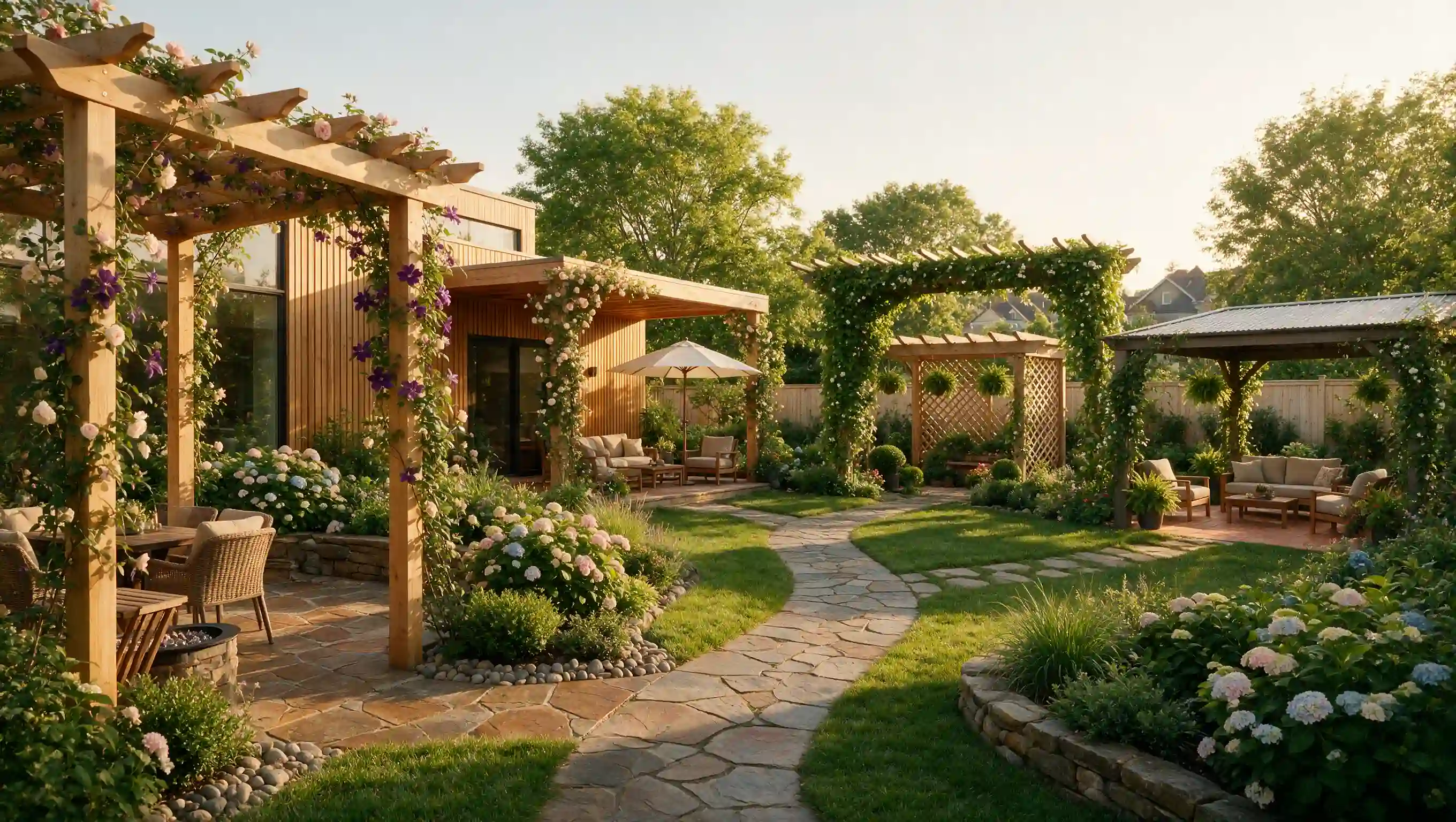 realistic backyard scene showing several diy pergola styles with seating plants and warm natural light