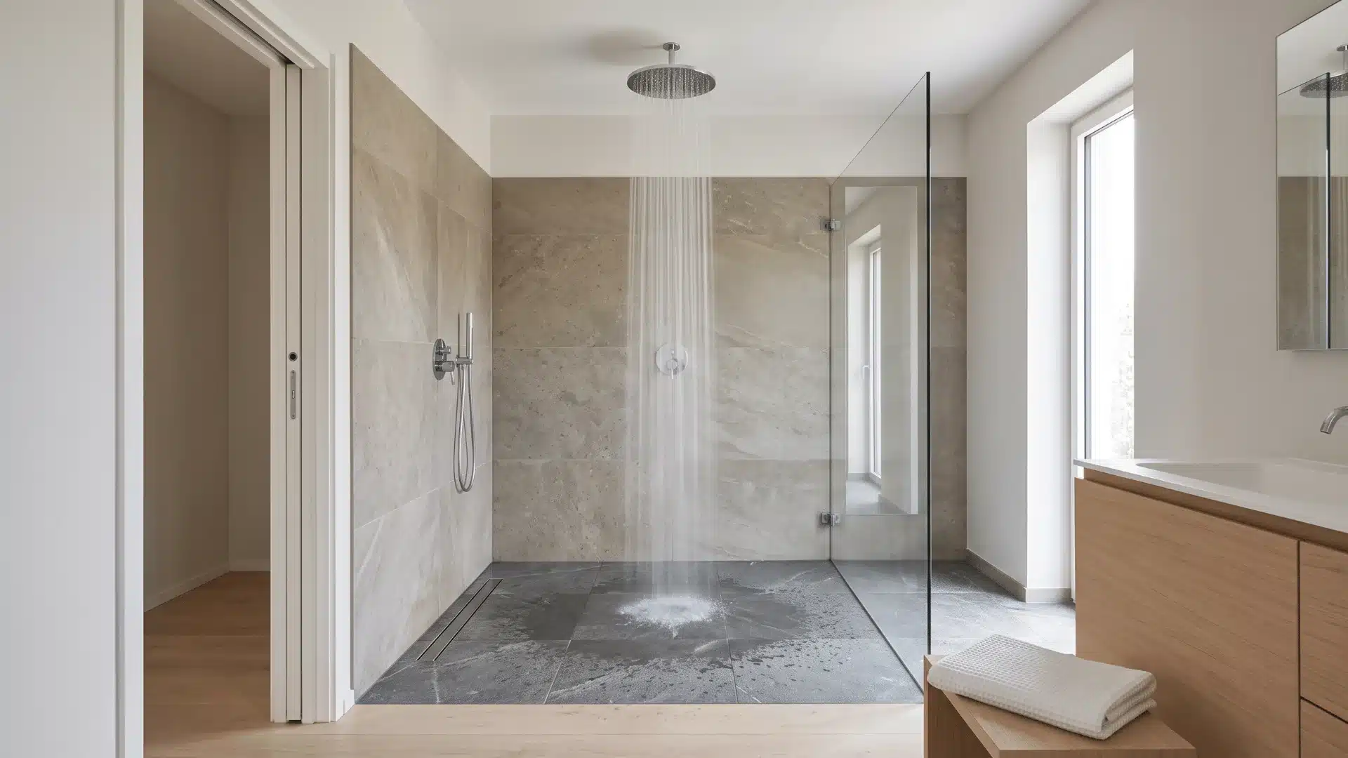 overhead rain shower in open doorless shower with dark floor