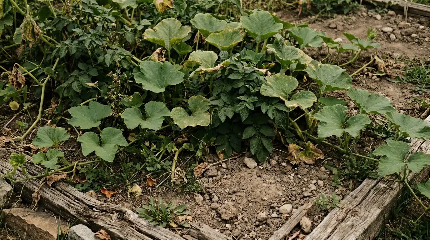 pumpkin vines spread around potato plants in a crowded bed with dry soil and damaged leaves