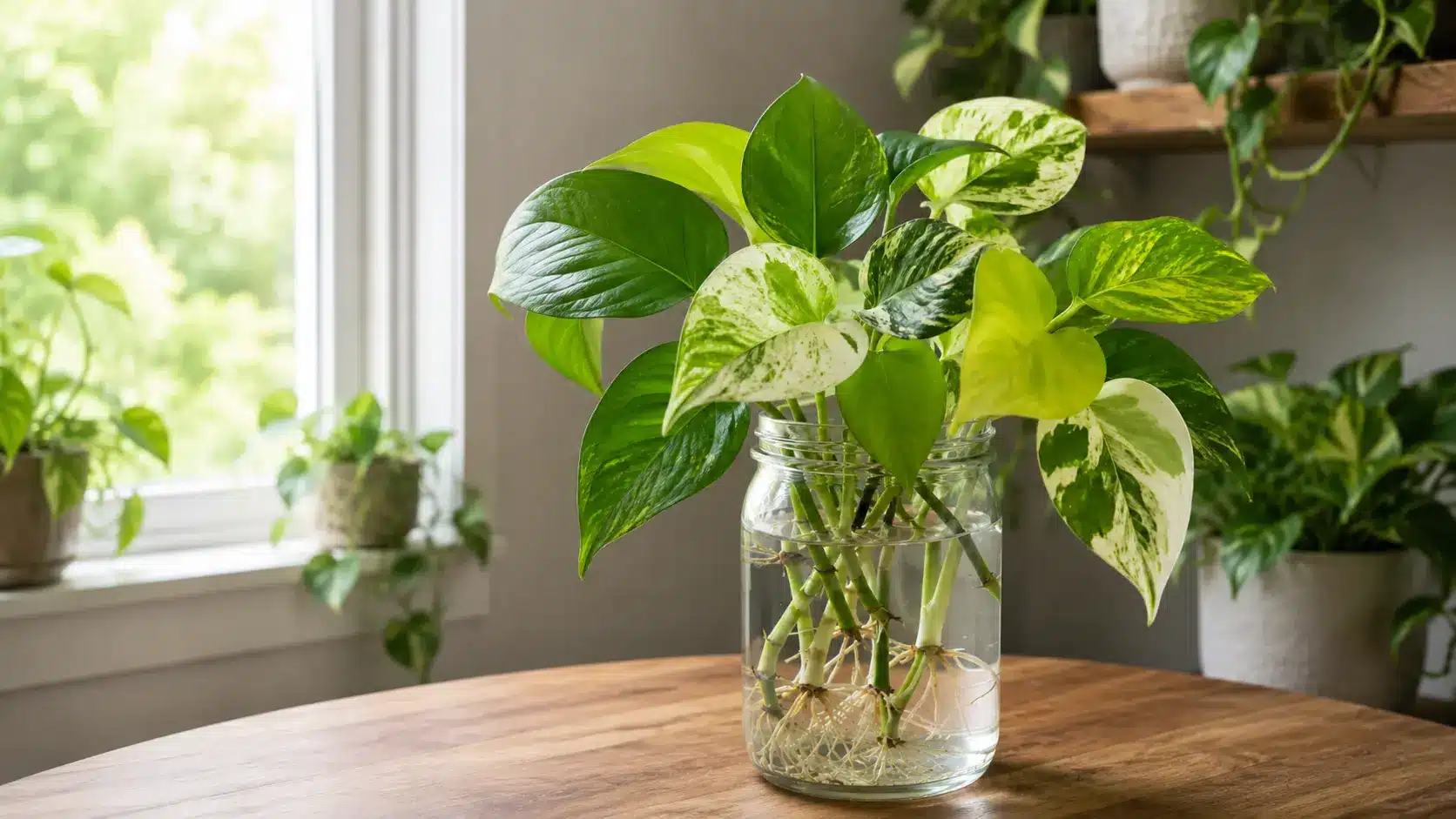 lush pothos vines with green and yellow leaves growing in water on a sunny indoor table
