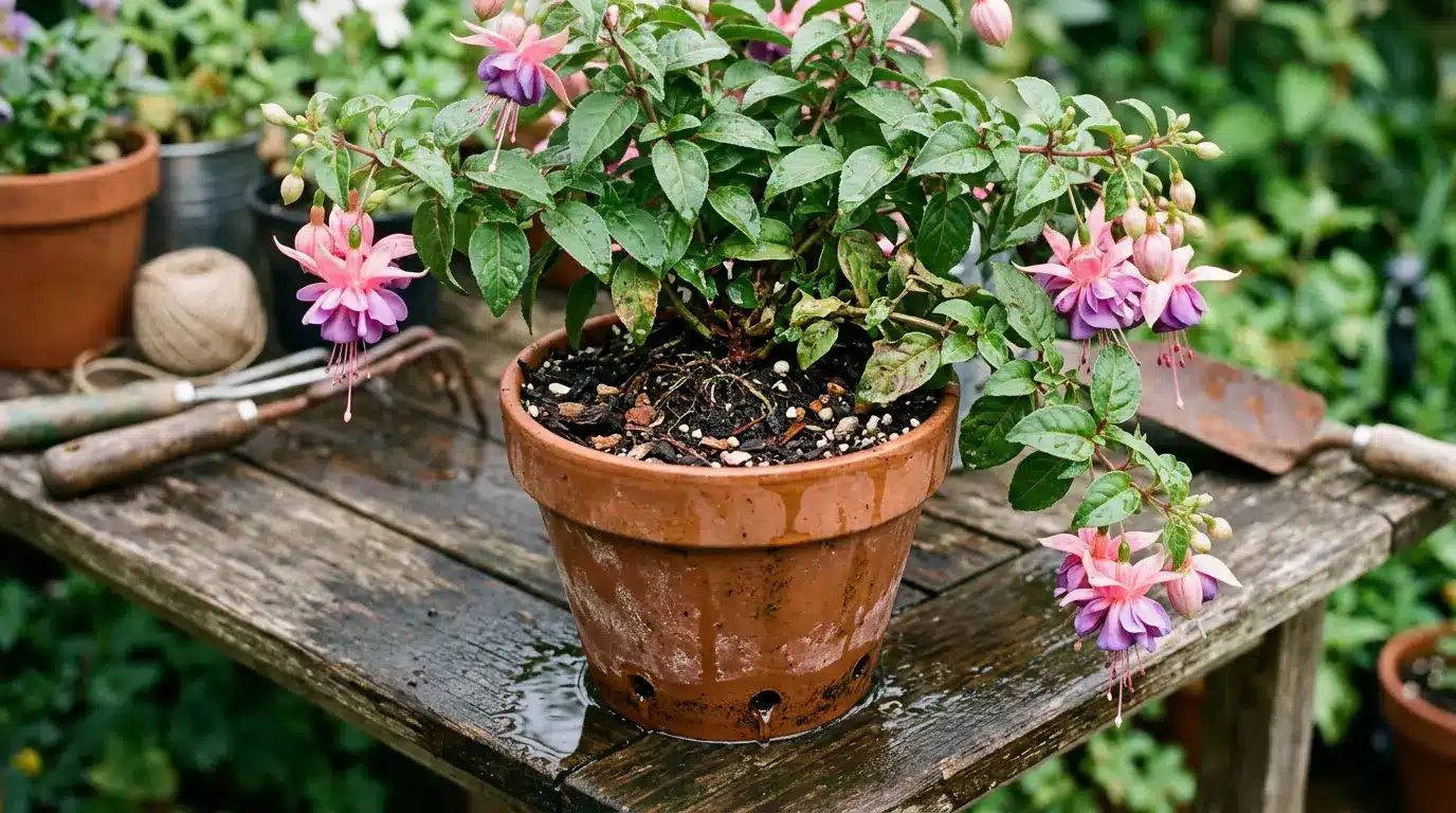 potted pink fuchsia on a wet wooden table, showing drainage holes and freshly watered soil