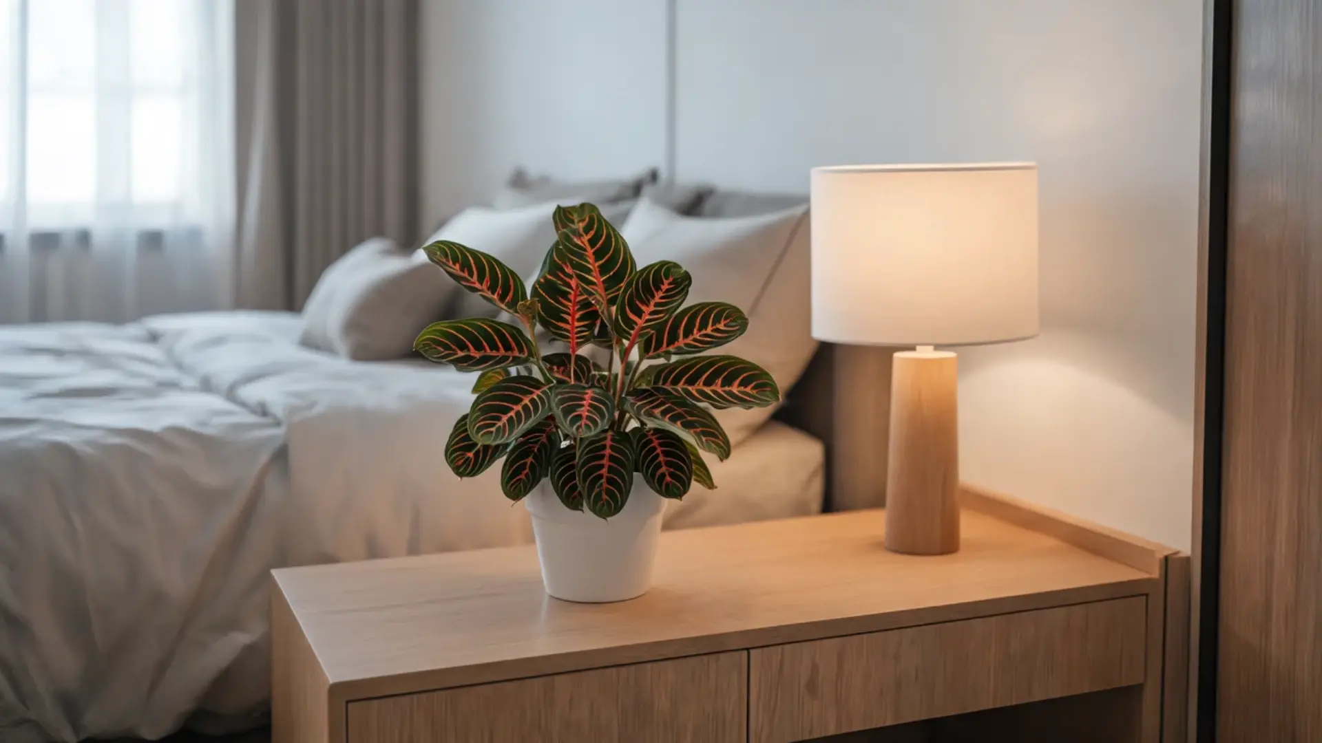 prayer plant with red veined leaves in a white pot on a wooden bedside table beside a warm lamp