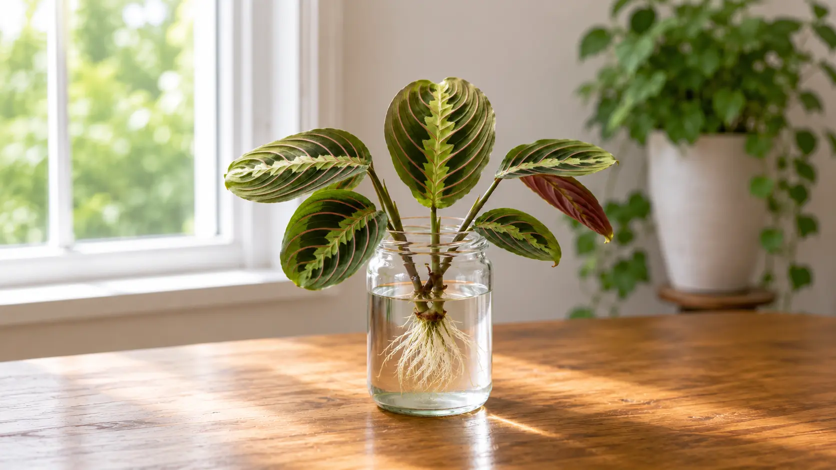 prayer plant cuttings with patterned green leaves and visible roots growing in a glass jar of water