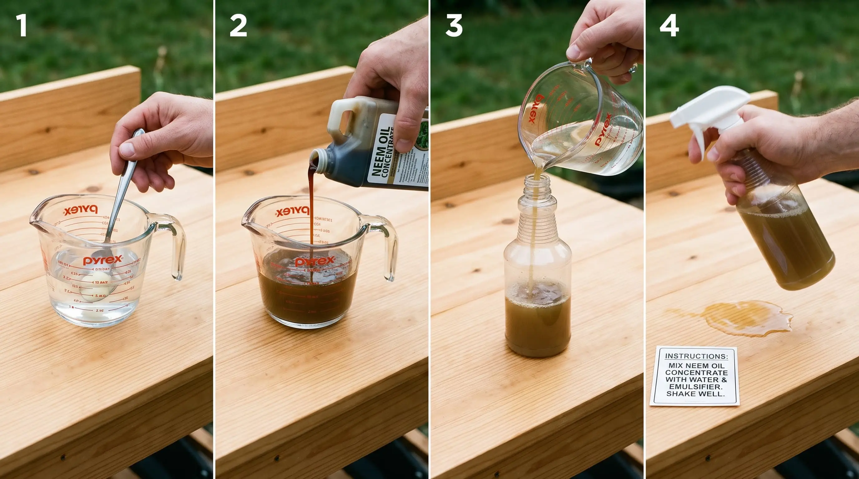 spray bottle being filled with a freshly mixed neem oil and water solution for garden plants