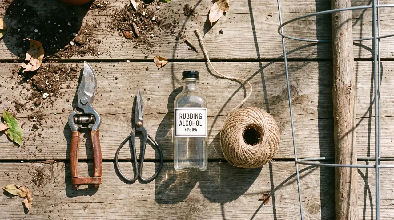 clean pruning shears and sturdy garden stakes laid out and ready for supporting a tomato plant