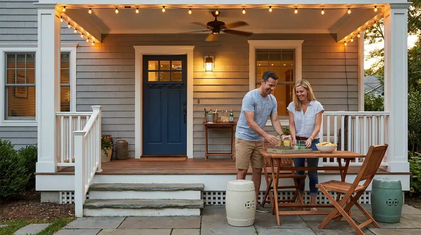 couple serving drinks and snacks at a small porch dining table