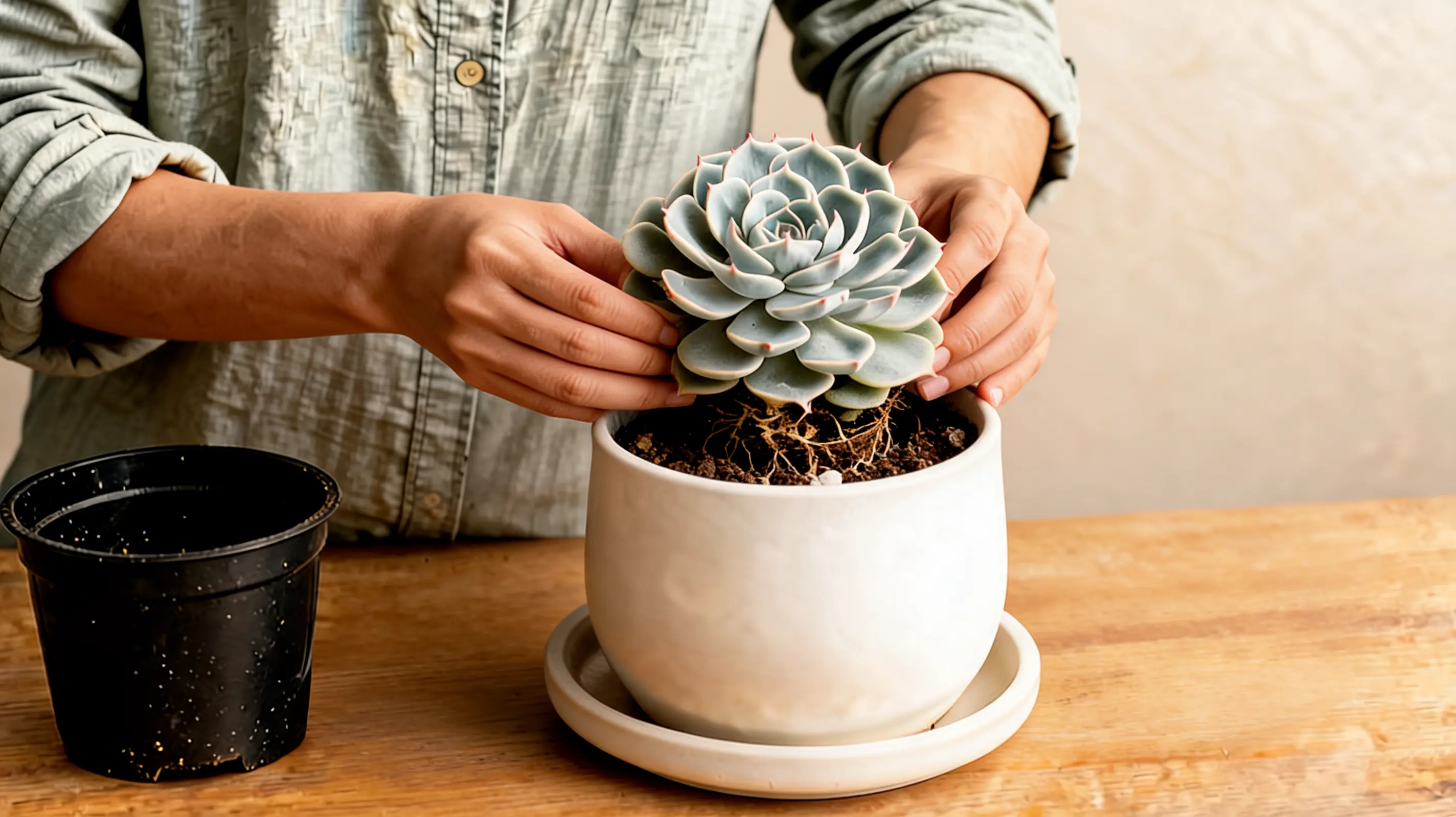 a person positions an echeveria at the correct depth inside a white ceramic pot while keeping its leaves above the soil
