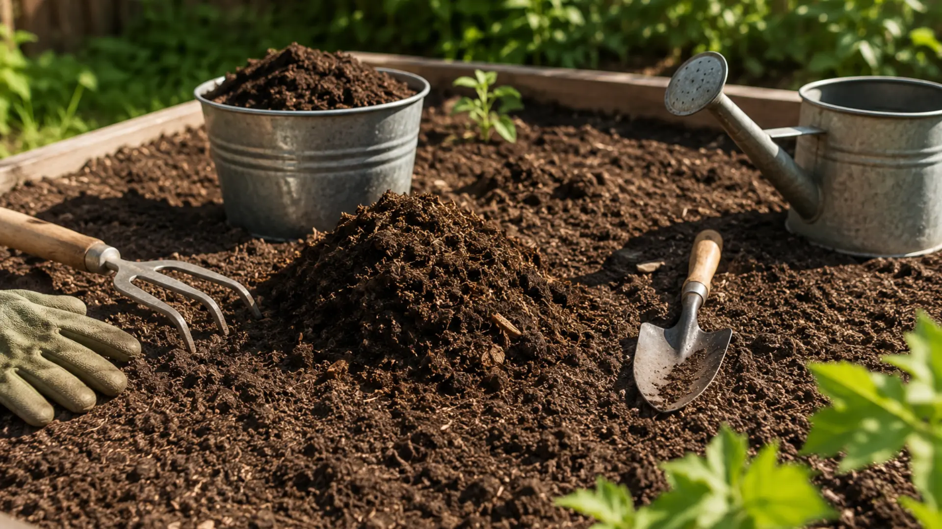 garden bed prepared with loose soil compost hand tools gloves and a watering can in warm sunlight