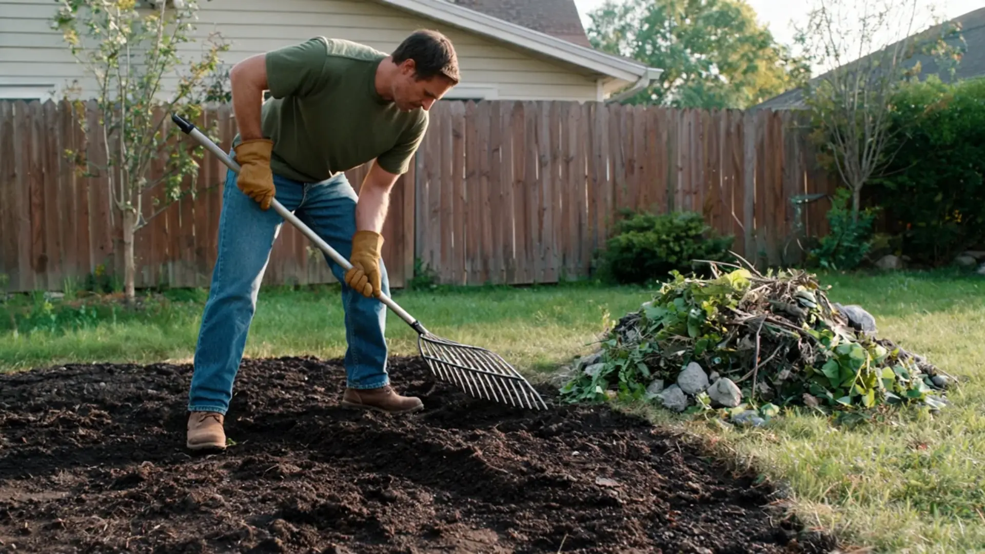 clearing weeds stones and debris while raking bare soil to prepare the yard for grass seed