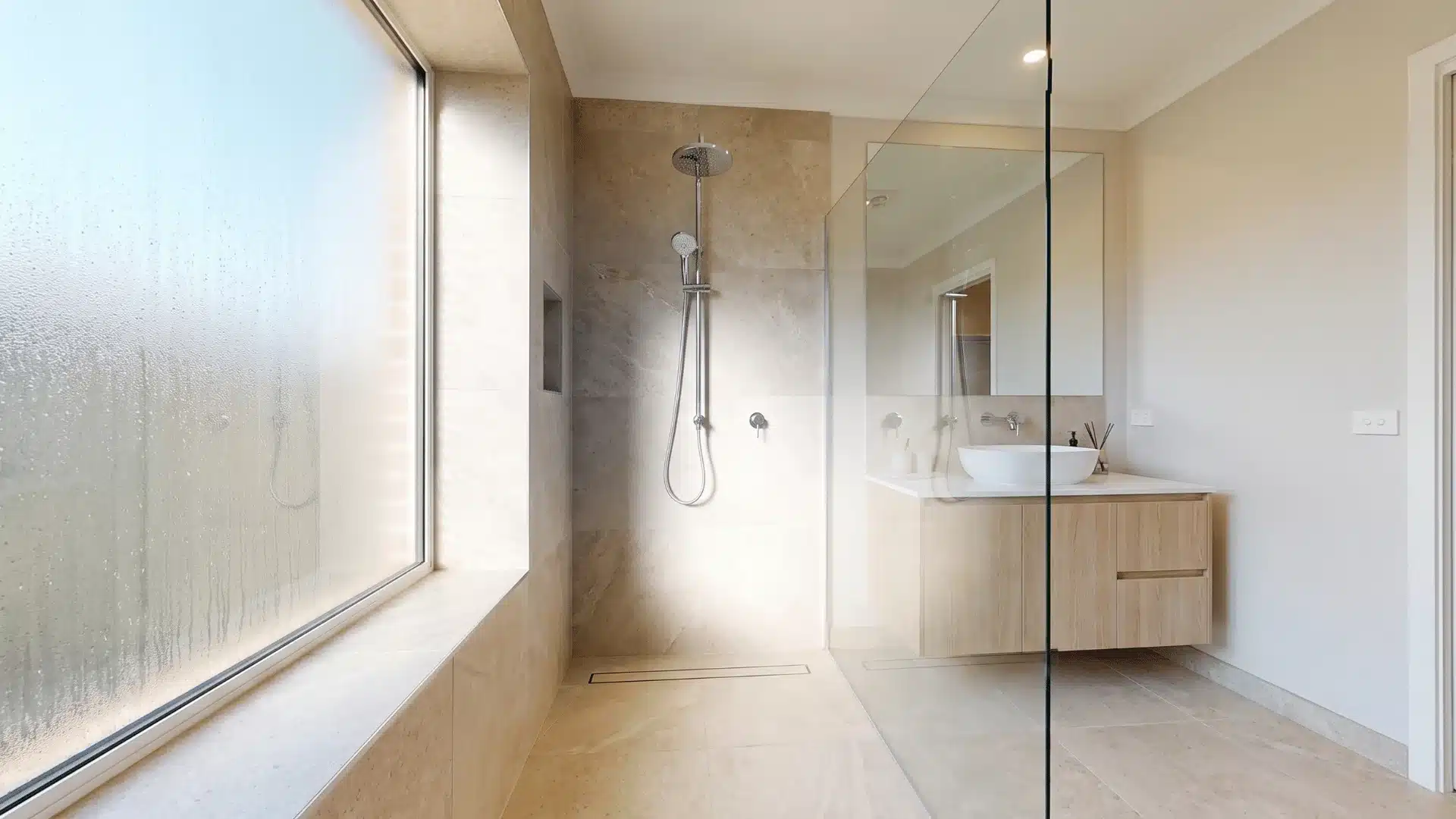 doorless shower with large frosted window and clear glass panel